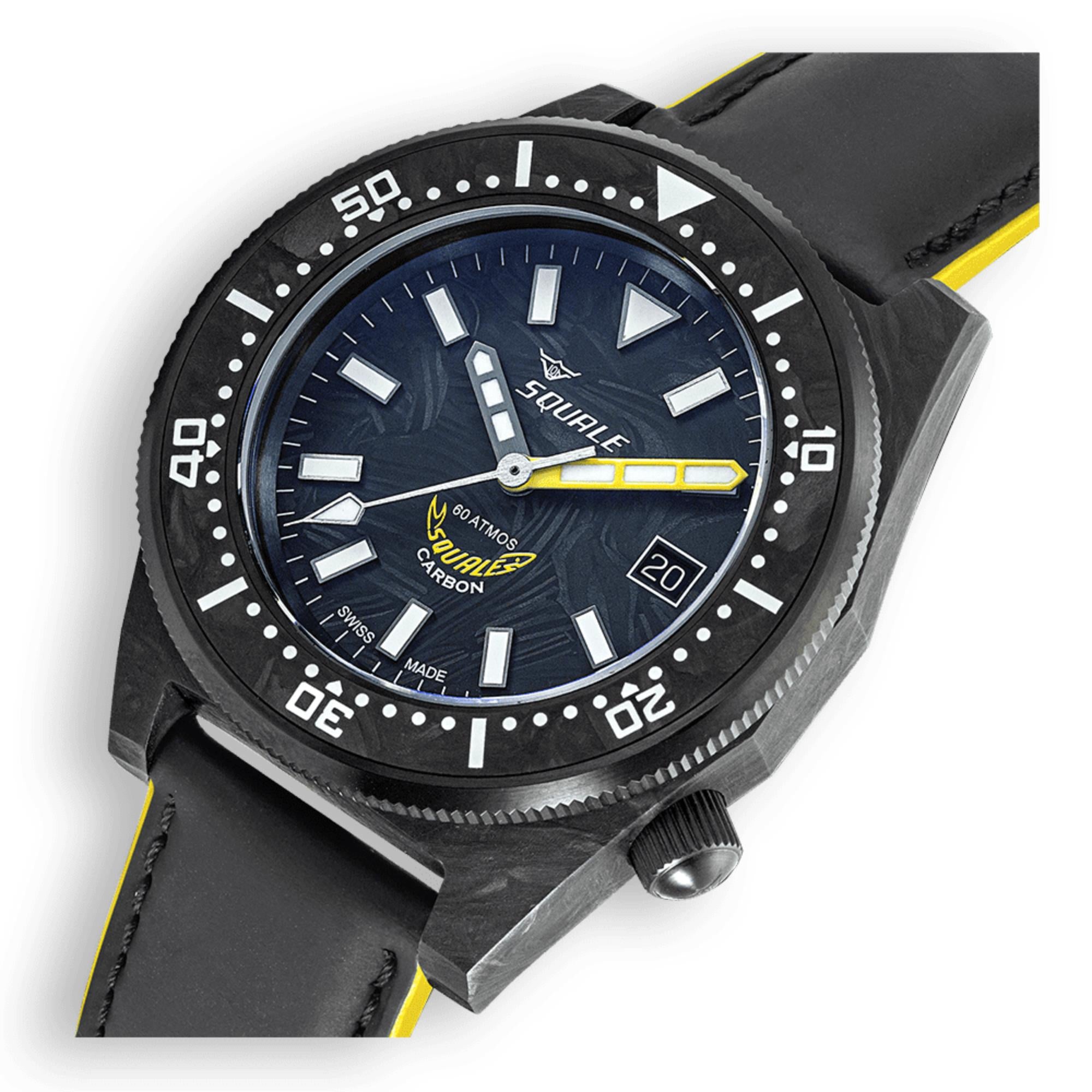 Squale T-183 Forged Carbon Yellow Automatic Blue Carbon Dial Leather Strap Men's Watch T183AFCY.RLY