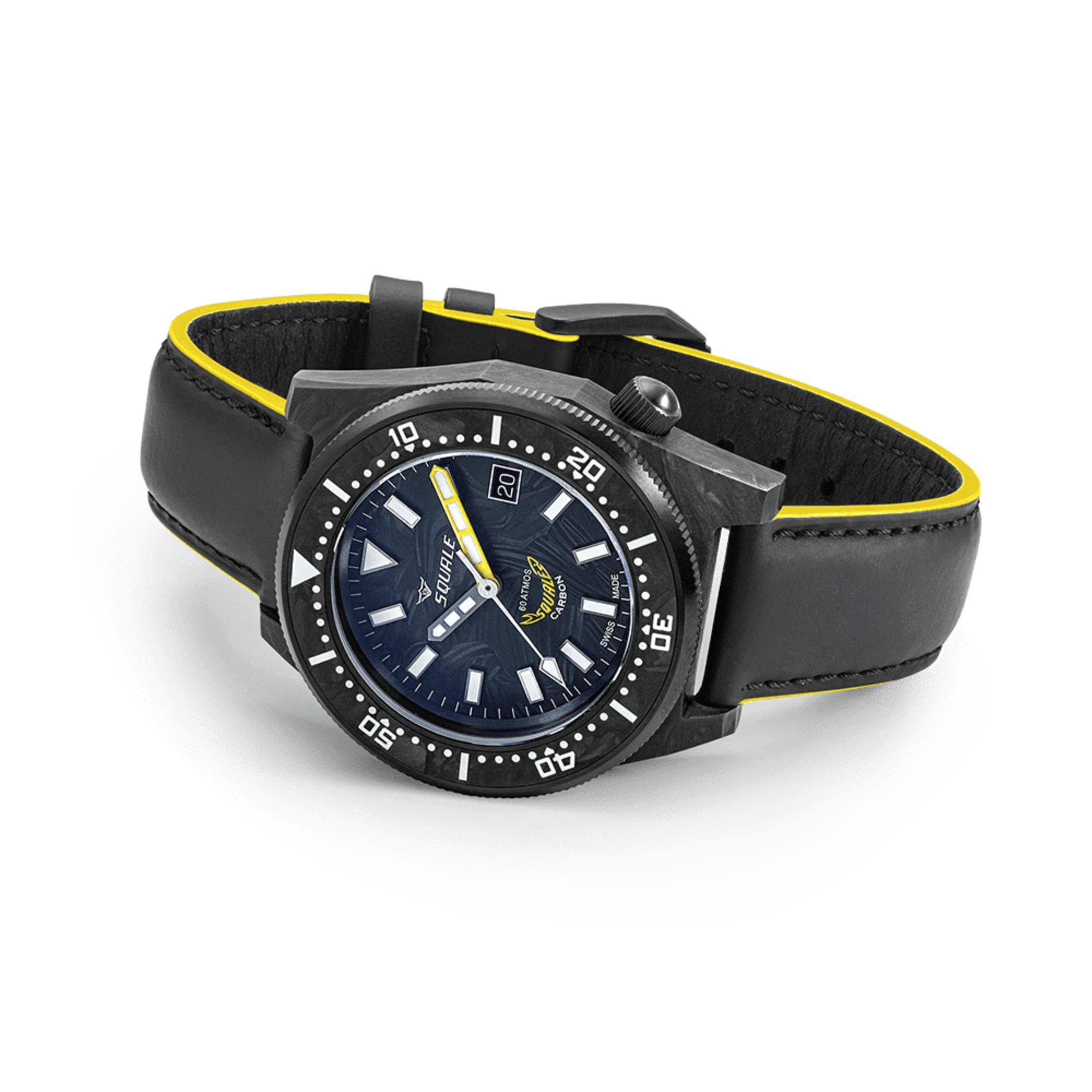 Squale T-183 Forged Carbon Yellow Automatic Blue Carbon Dial Leather Strap Men's Watch T183AFCY.RLY