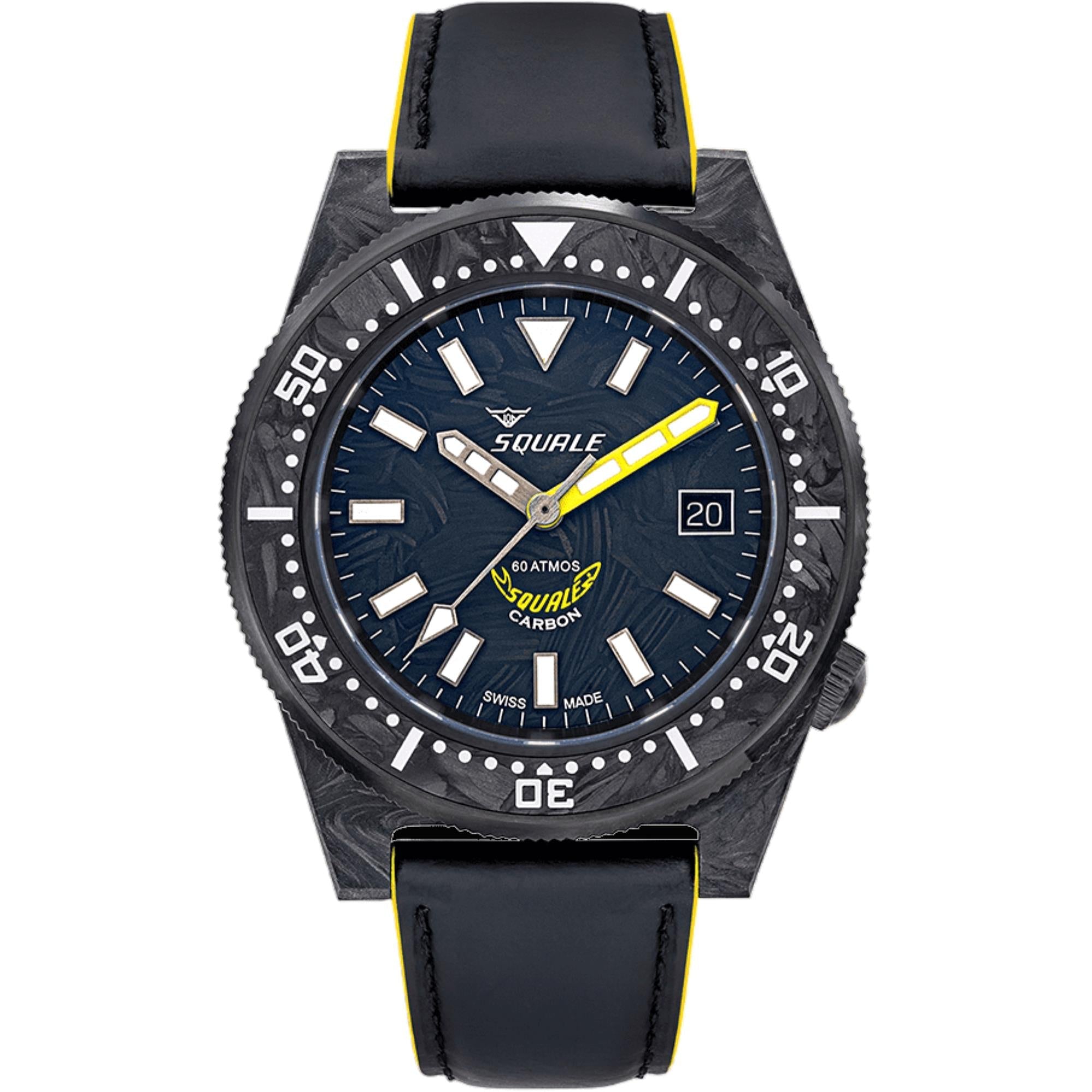 Squale T-183 Forged Carbon Yellow Automatic Blue Carbon Dial Leather Strap Men's Watch T183AFCY.RLY