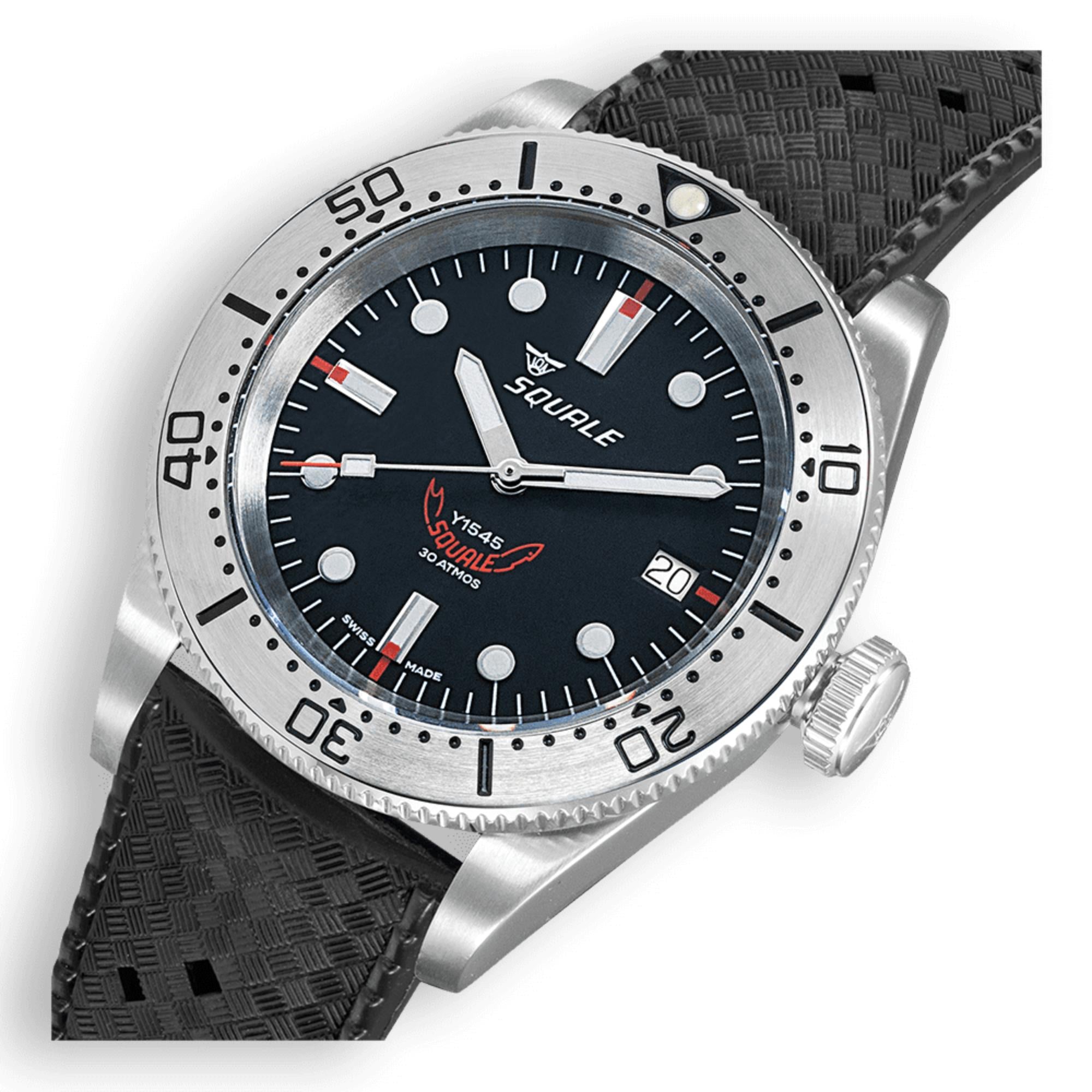 Squale 1545 Steel Automatic Black Dial Rubber Strap Men's Watch 1545SSBK.HT