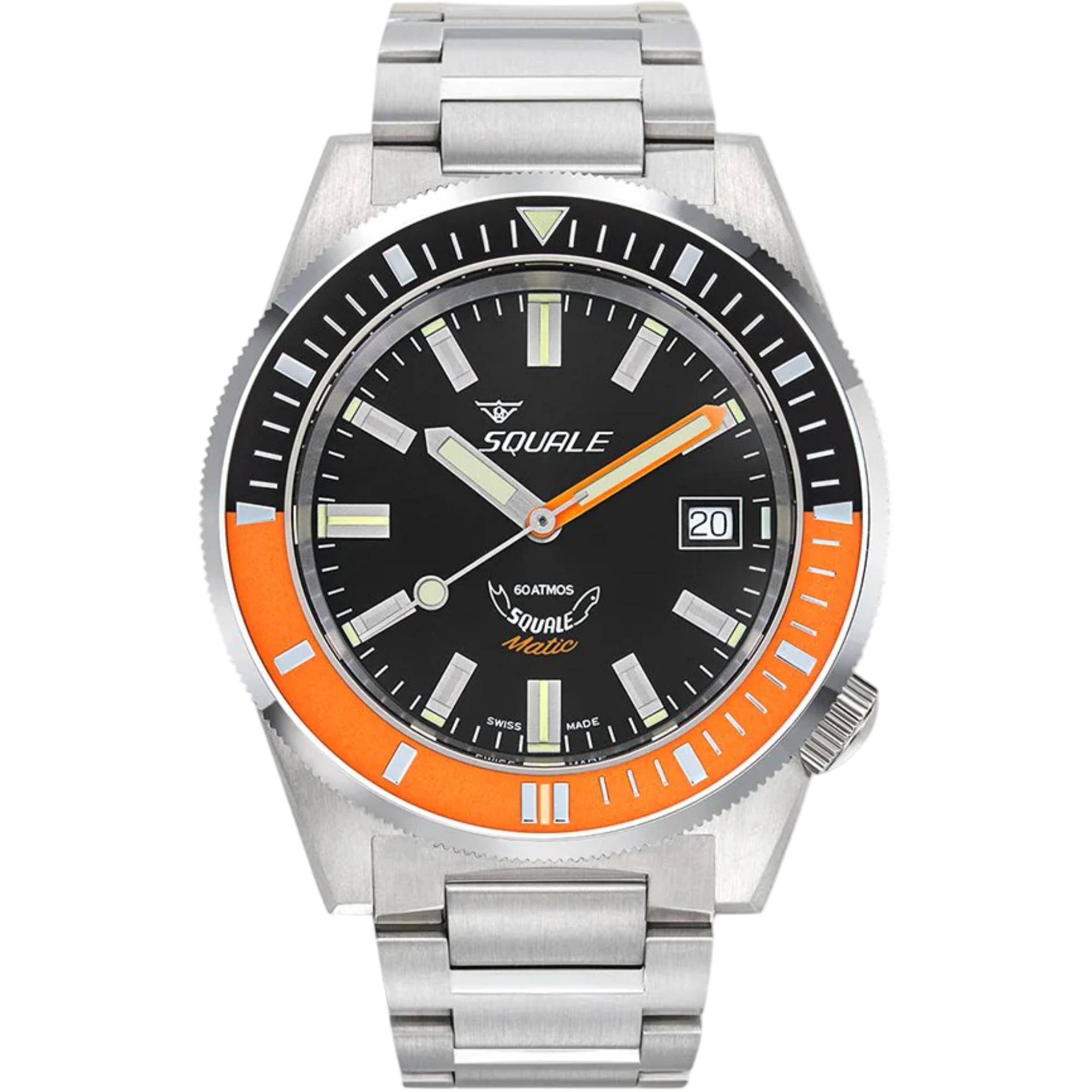 Squale Matic Satin Orange Automatic Black Dial Steel Strap Men's Watch MATICXSC.SQ22B