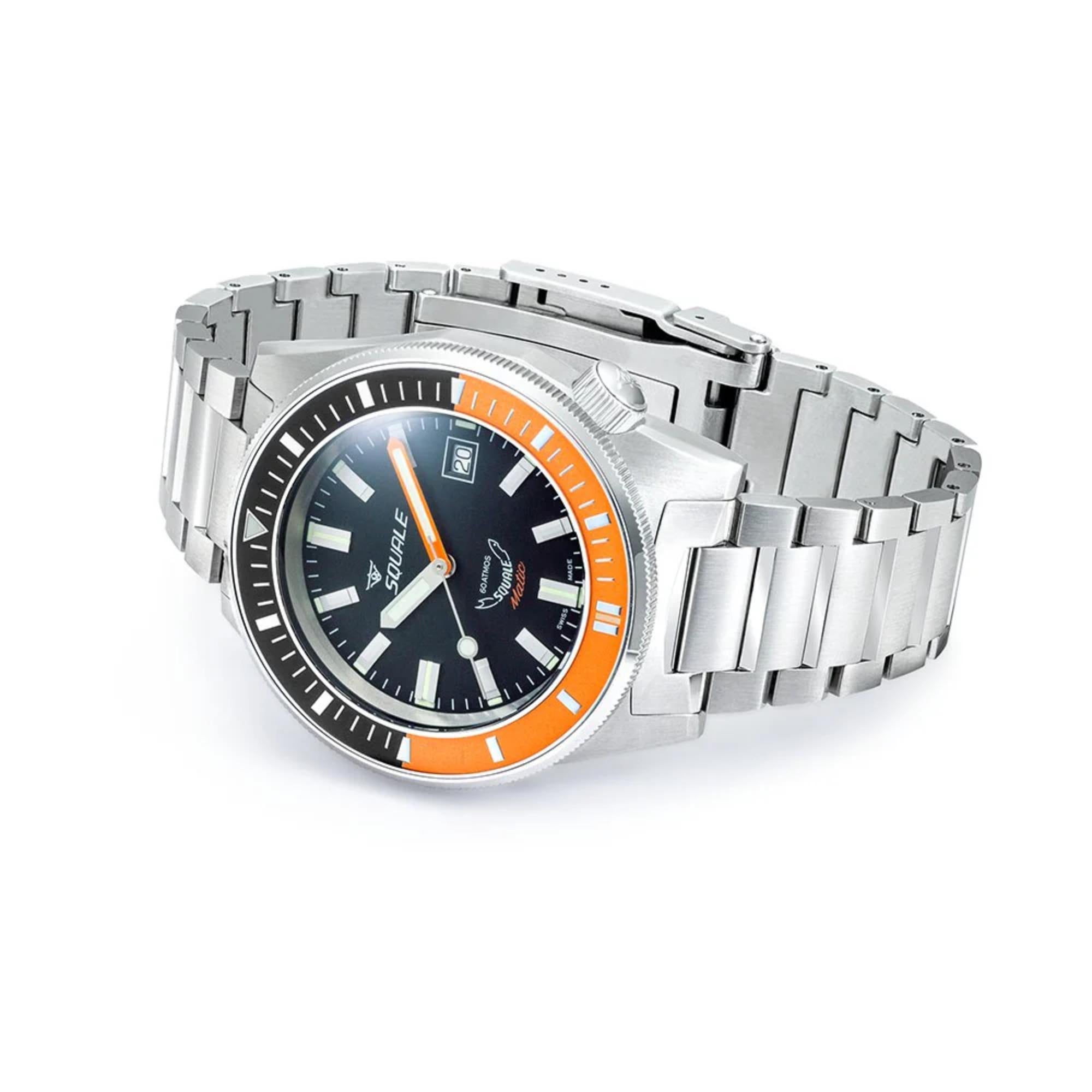 Squale Matic Satin Orange Automatic Black Dial Steel Strap Men's Watch MATICXSC.SQ22B