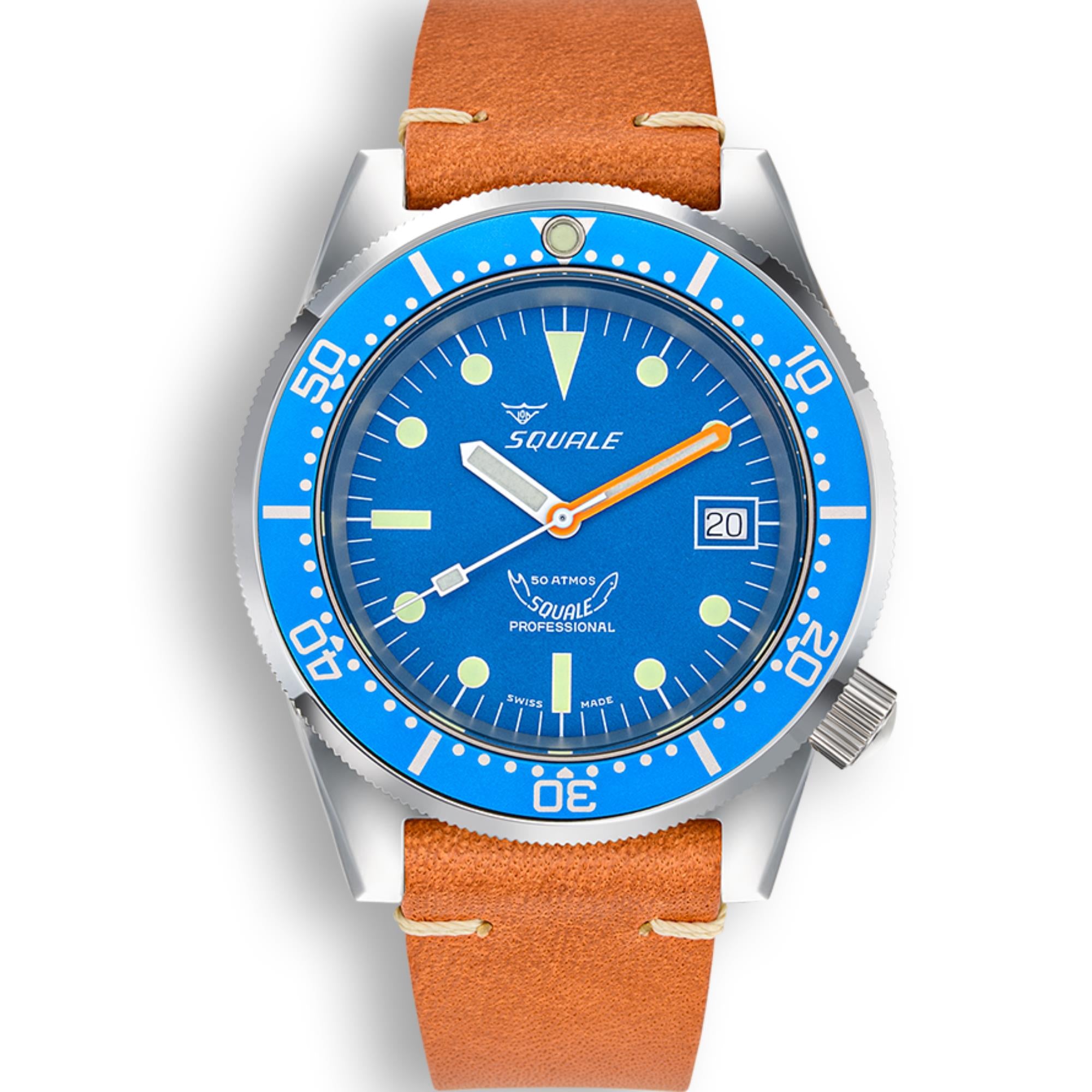 Squale 1521 Ocean Automatic Sunray Blue Dial Leather Strap Men's Watch 1521OCN.PC