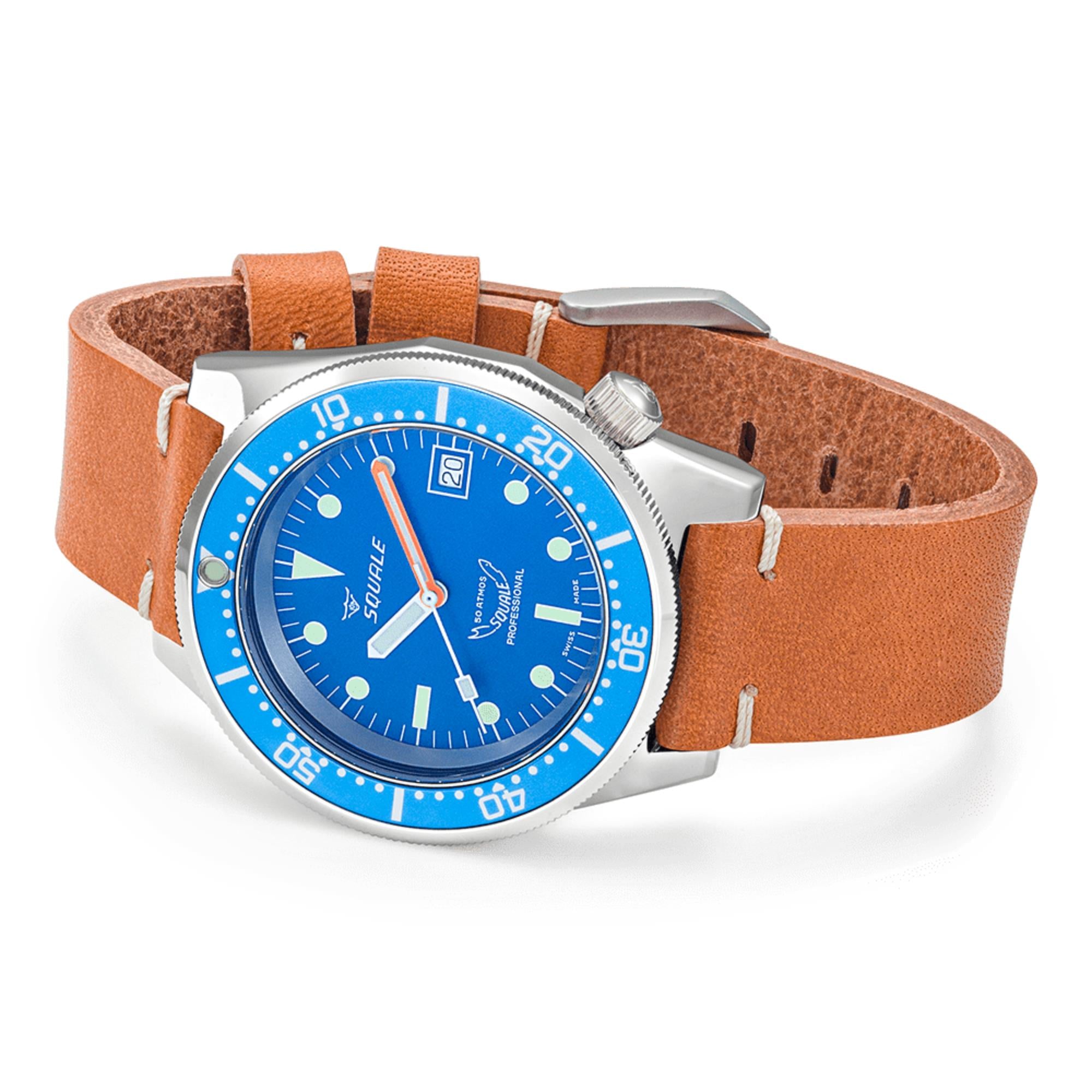 Squale 1521 Ocean Automatic Sunray Blue Dial Leather Strap Men's Watch 1521OCN.PC