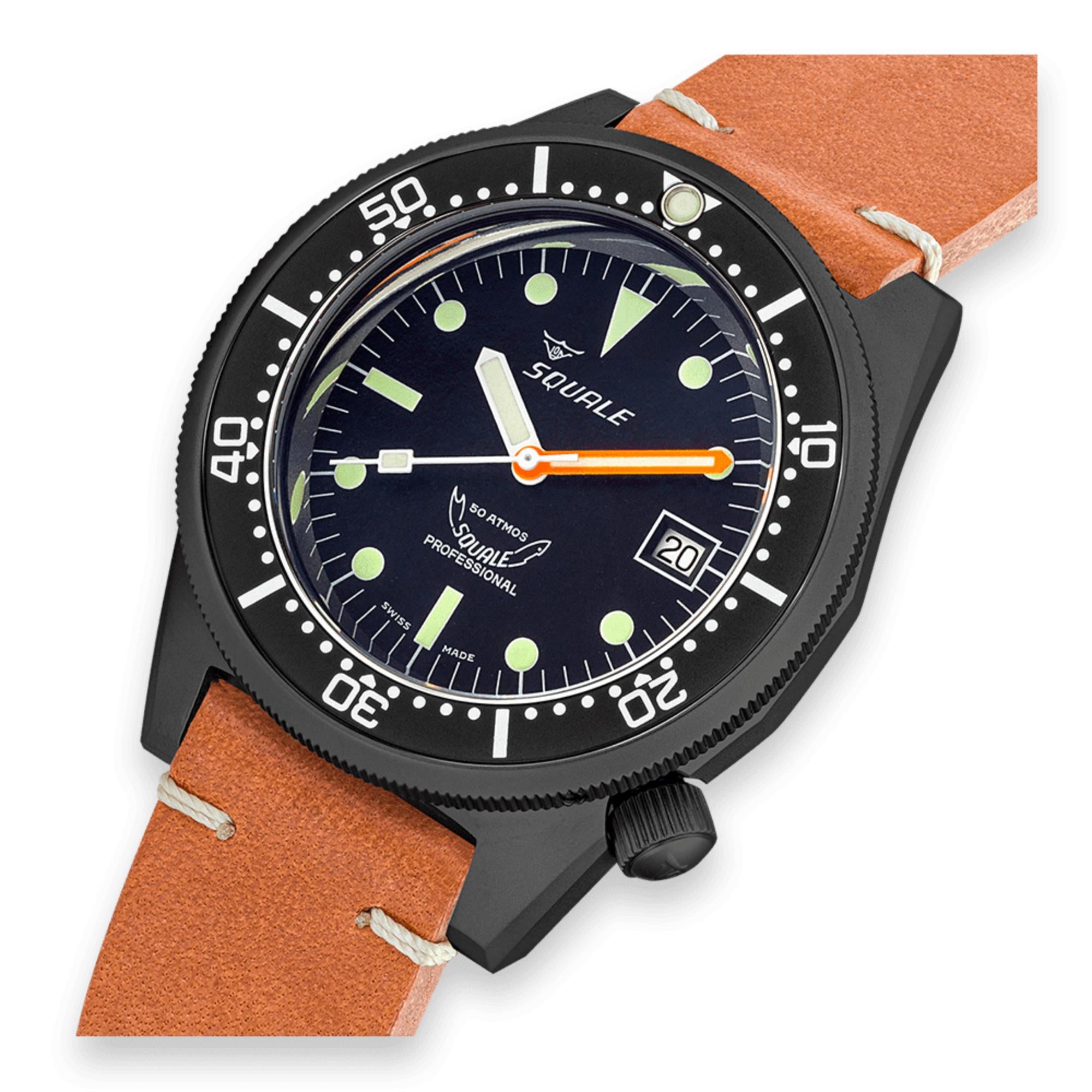 Squale 1521 PVD Automatic Black Dial Leather Strap Men's Watch 1521PVD.PC