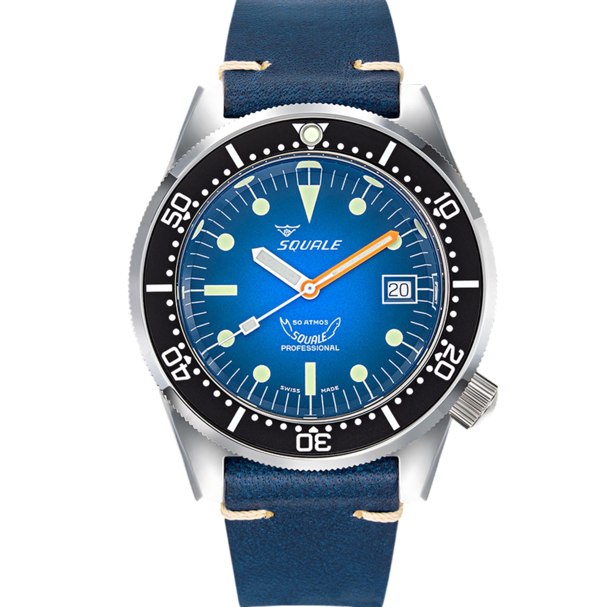 Squale 1521 Blue Ray Automatic Blue Dial Leather Strap Men's Watch 1521PROFD.PB