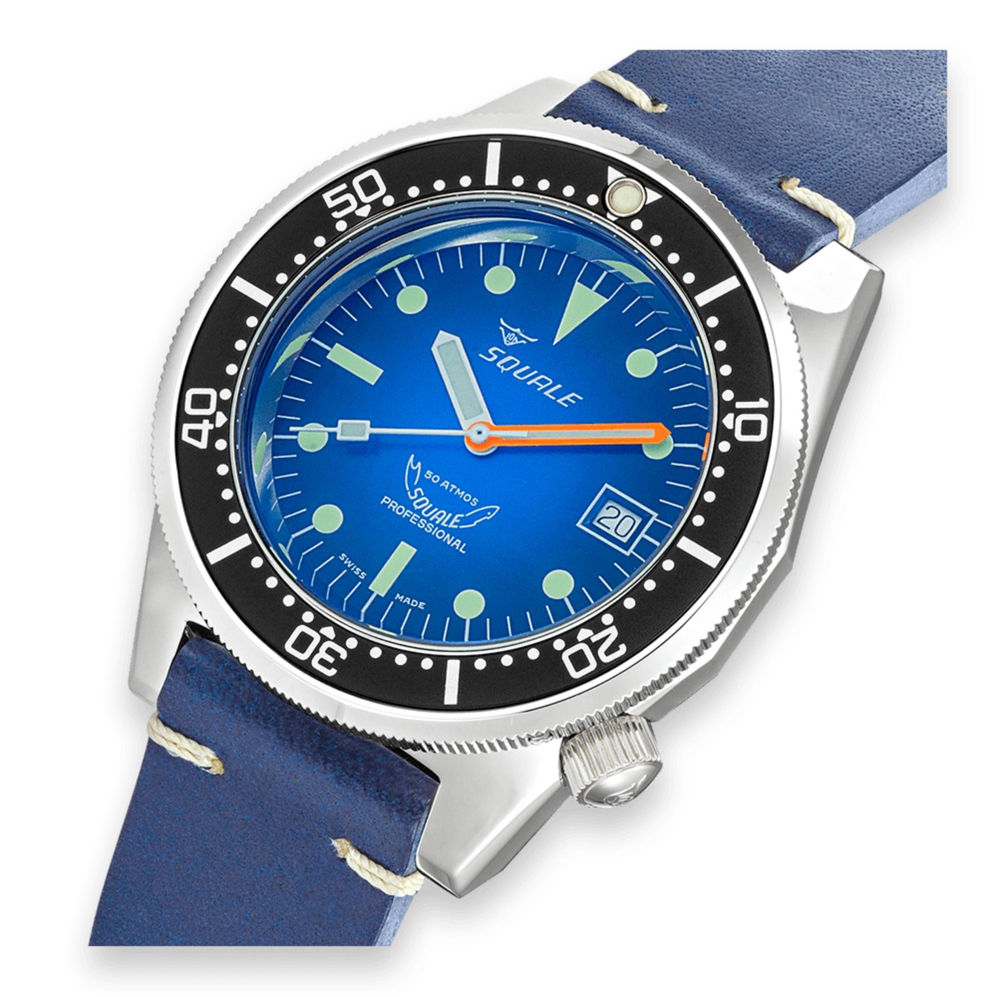 Squale 1521 Blue Ray Automatic Blue Dial Leather Strap Men's Watch 1521PROFD.PB