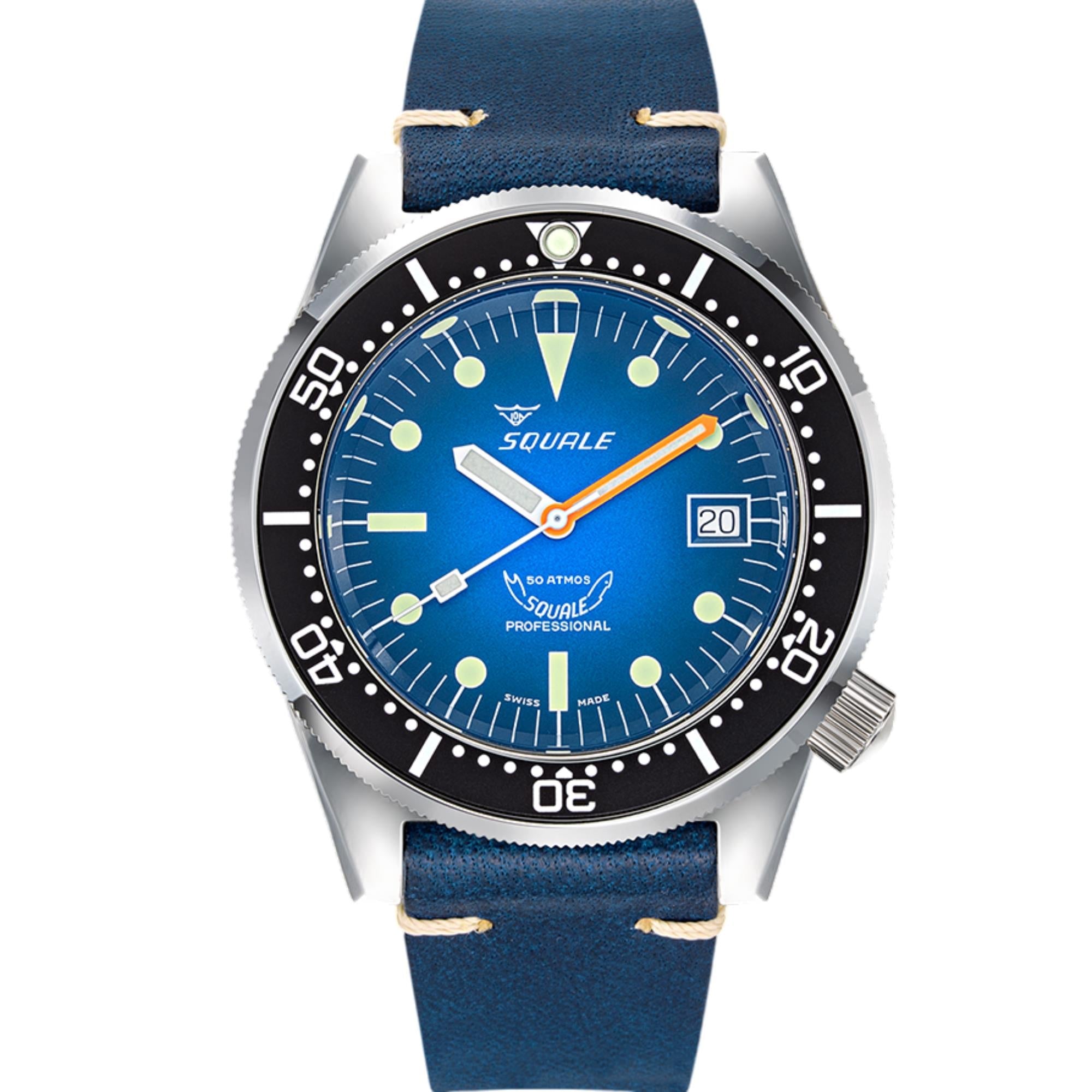 Squale 1521 Blue Ray Automatic Blue Dial Leather Strap Men's Watch 1521PROFD.PB