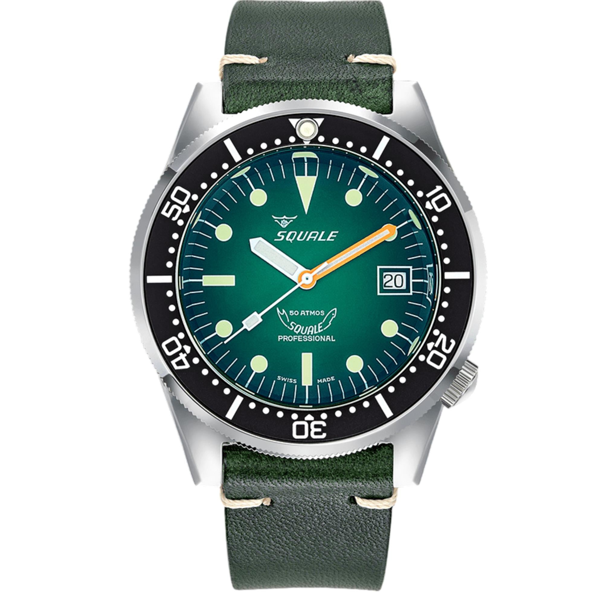 Squale 1521 Green Ray Automatic Green Dial Leather Strap Men's Watch 1521PROFGR.PVE