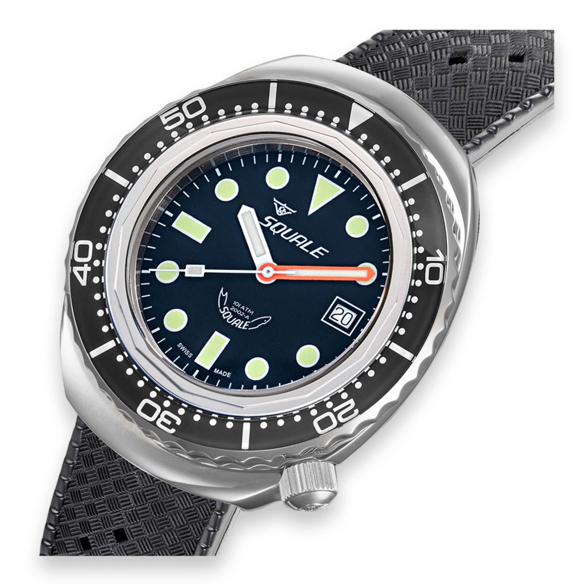 Squale 2002 Black Round Dots Black Dial Rubber Strap Men's Watch 2002.SS.BK.BK.HT