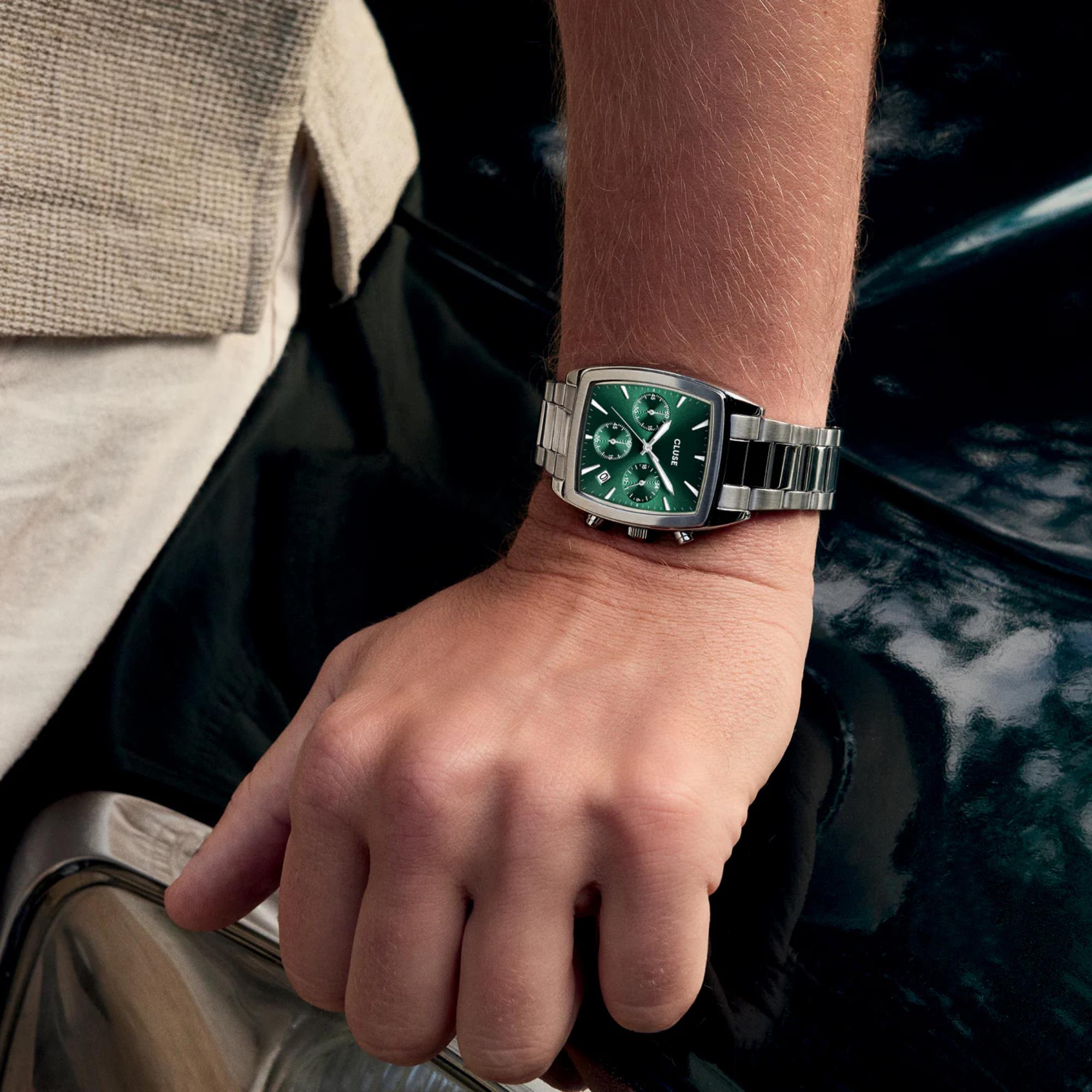 CLUSE Quartaut Quartz Chronograph Green Dial Steel Strap Men's Watch CW52002