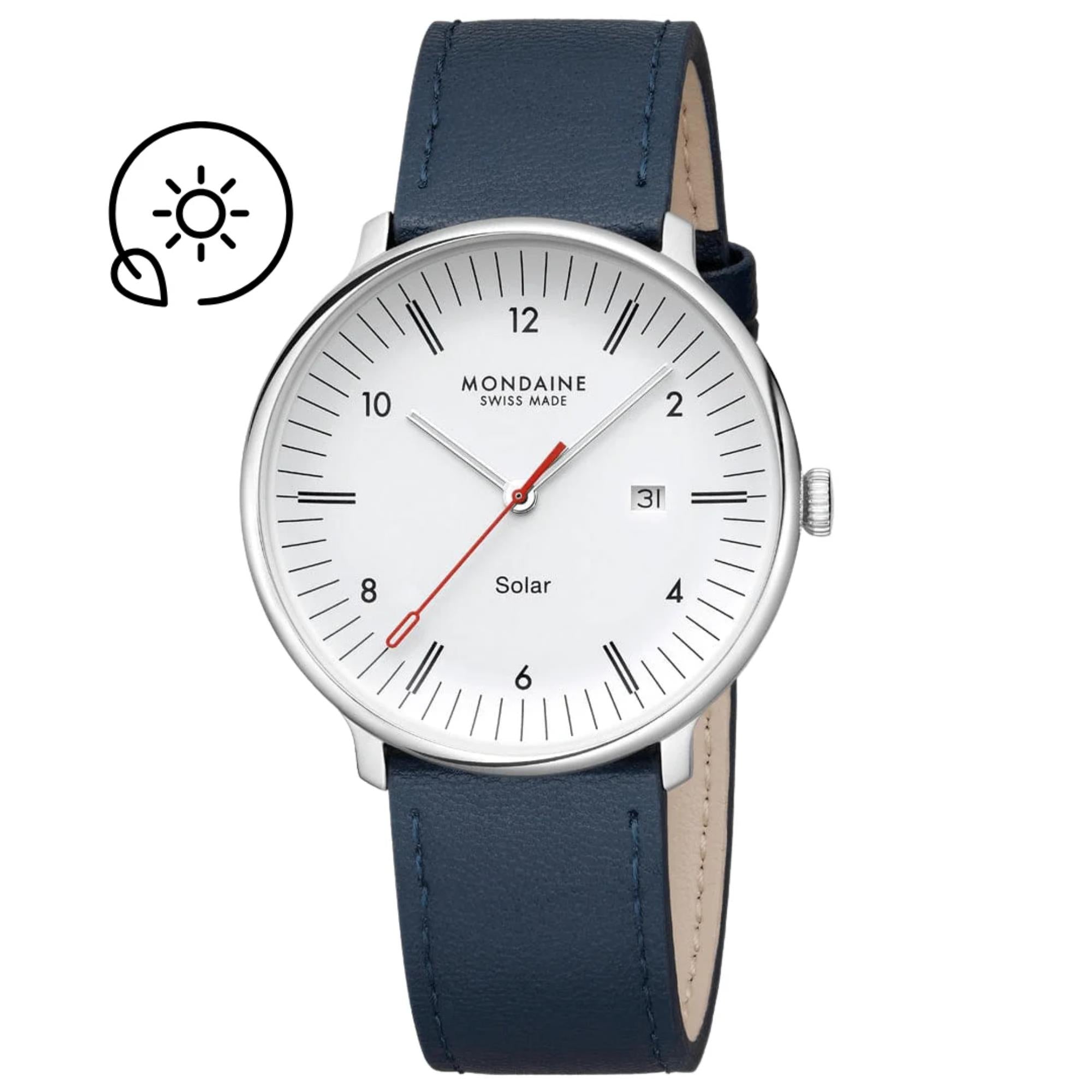Mondaine Doppio Solar White Dial Leather Strap Men's Watch MLE.41910.LDV