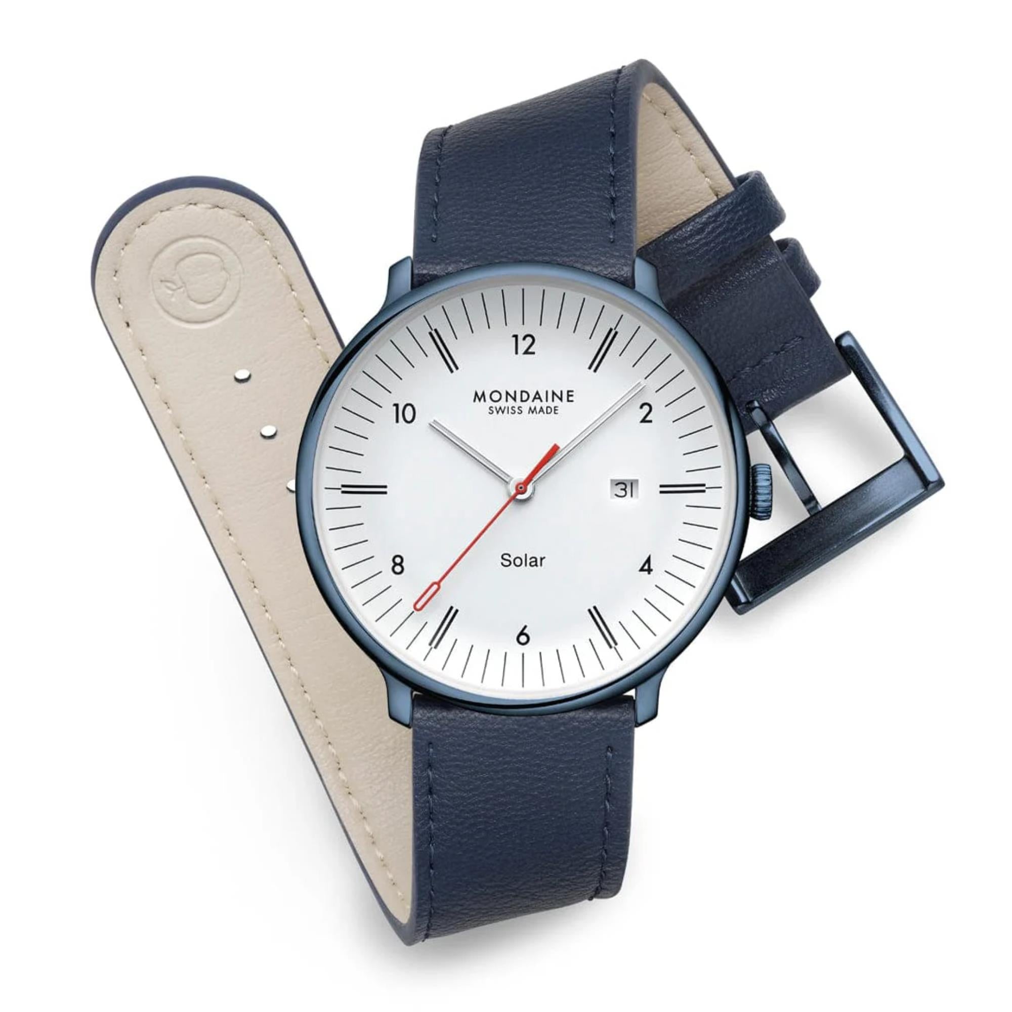 Mondaine Doppio Solar White Dial Leather Strap Men's Watch MLE.41910.LQV
