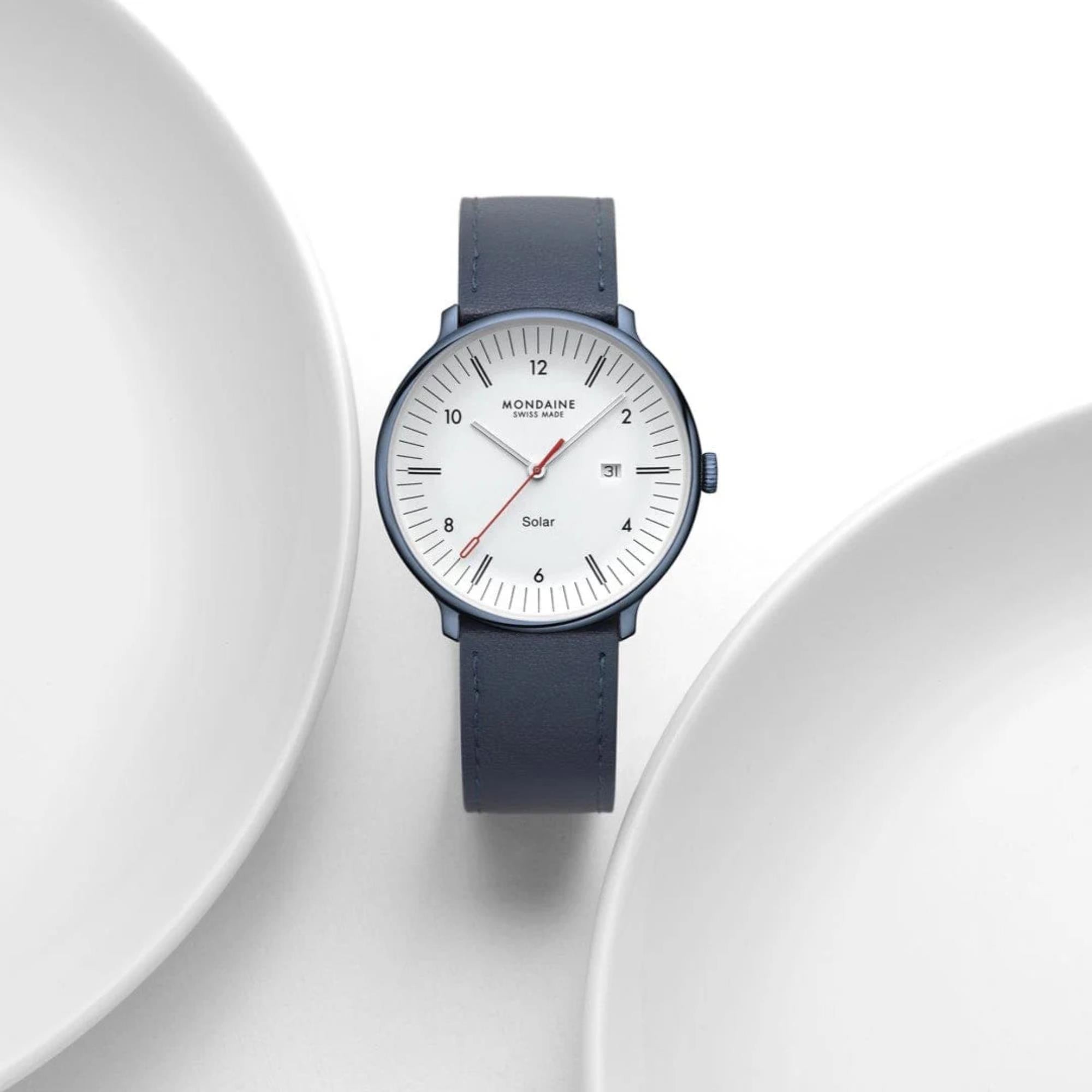 Mondaine Doppio Solar White Dial Leather Strap Men's Watch MLE.41910.LQV