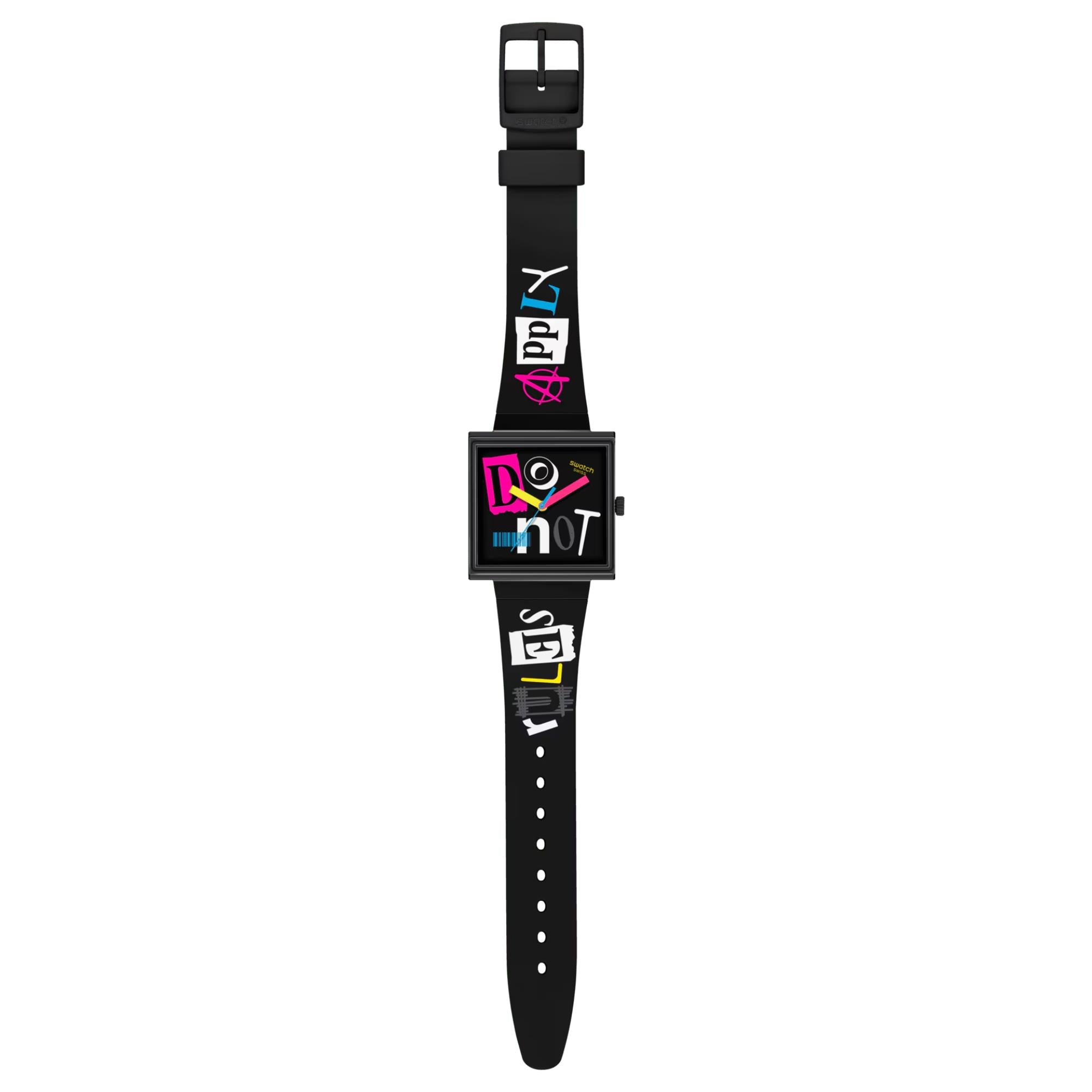 Swatch No Rules Pierced Edge Black Dial Silicone Strap Unisex Casual Watch SO34B100