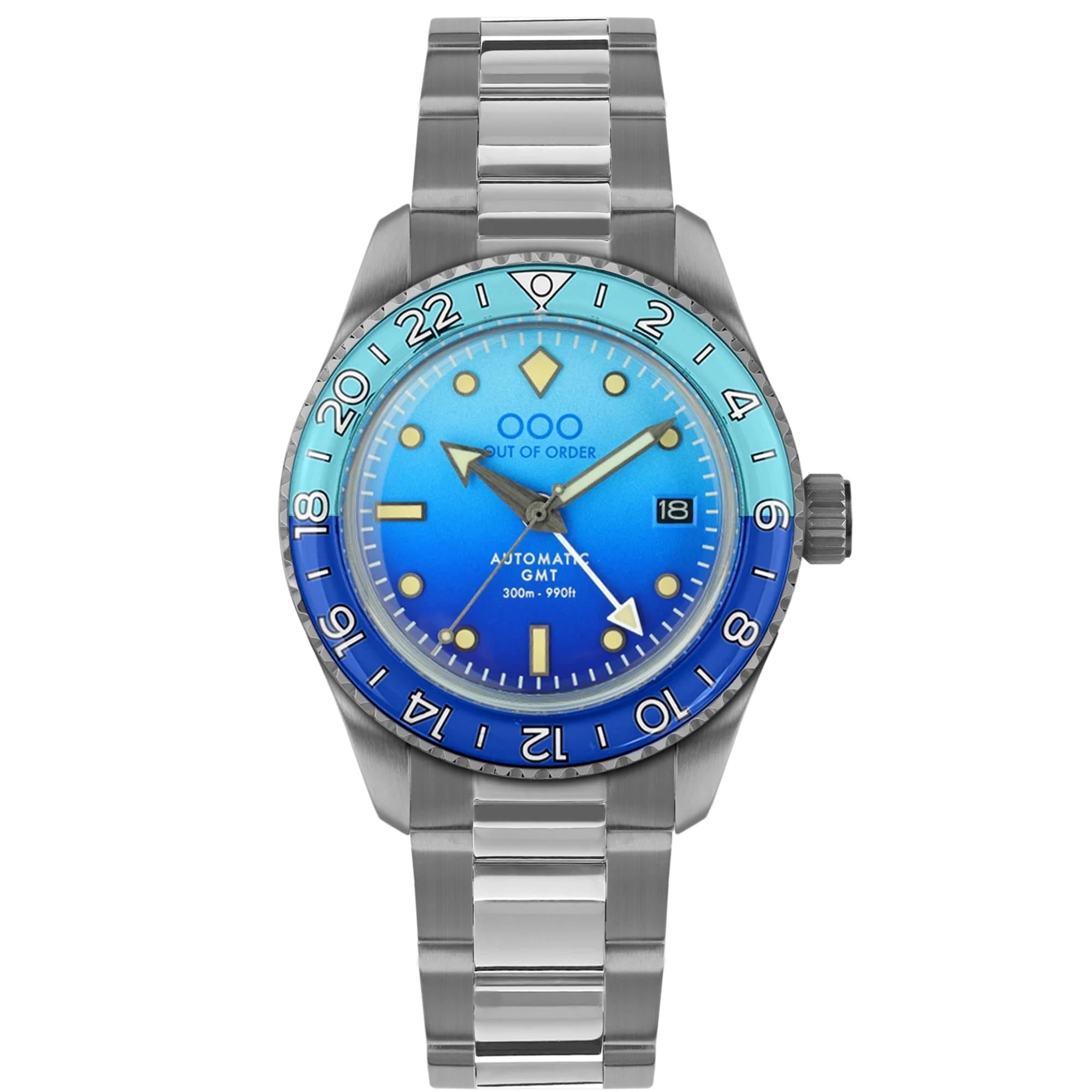 Out Of Order Bomba Blu Shaker Automatic GMT Ultra-Brushed Blue Dial Steel Strap Men's Watch OOO.001-25.BB.BAND.SS