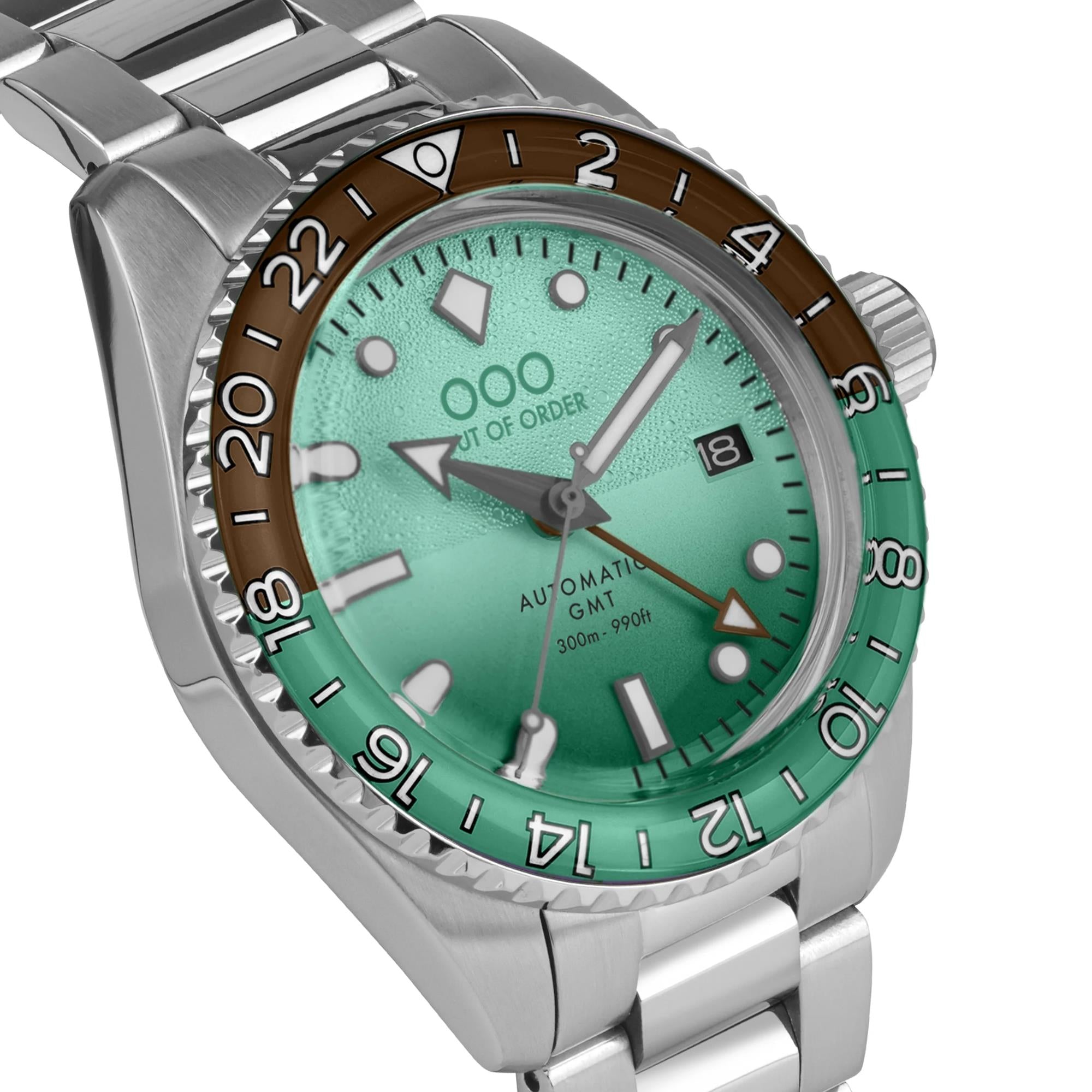Out Of Order After 8 Shaker Automatic GMT Ultra-Brushed Mint Green Dial Steel Strap Men's Watch OOO.001-25.AE.BAND.SS