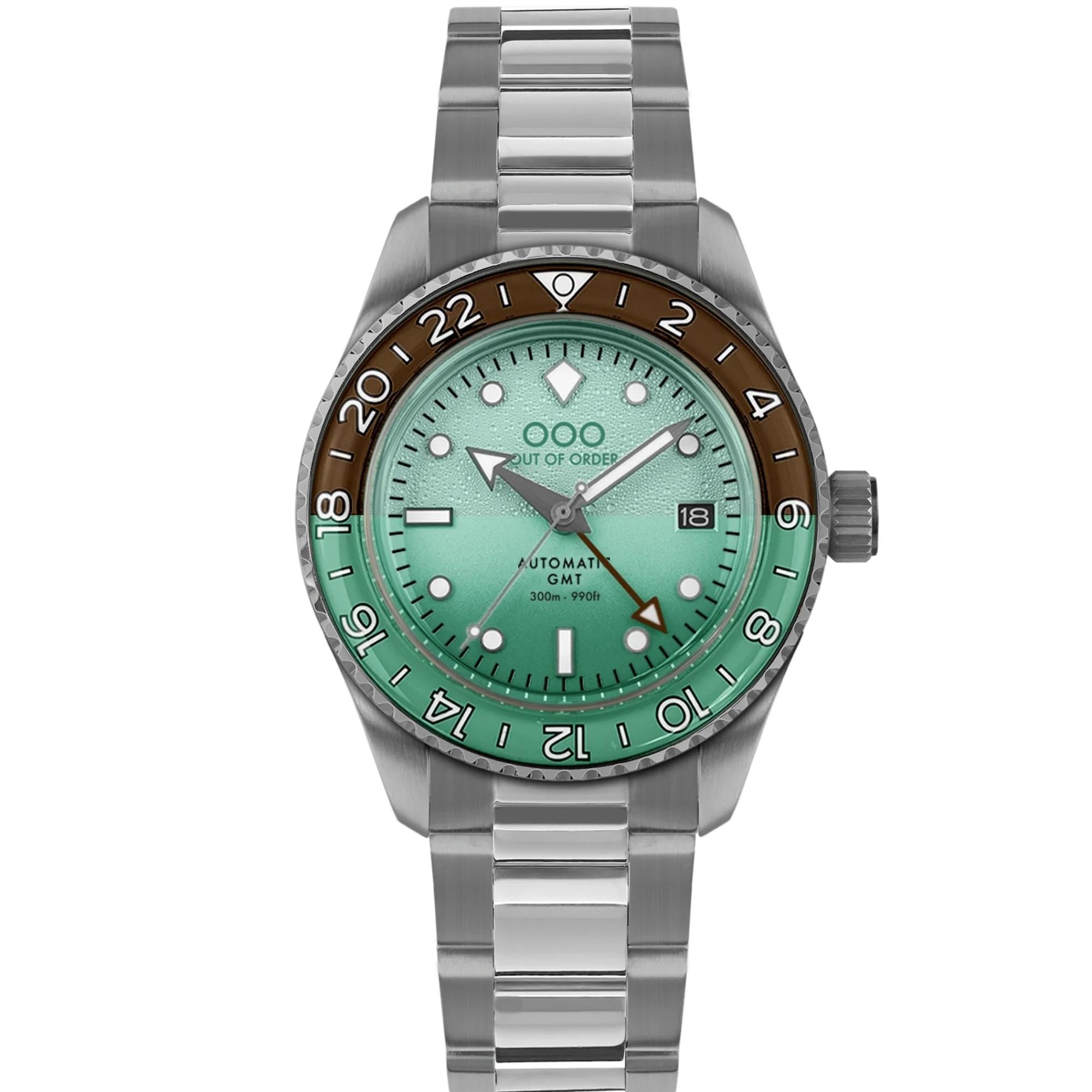 Out Of Order After 8 Shaker Automatic GMT Ultra-Brushed Mint Green Dial Steel Strap Men's Watch OOO.001-25.AE.BAND.SS