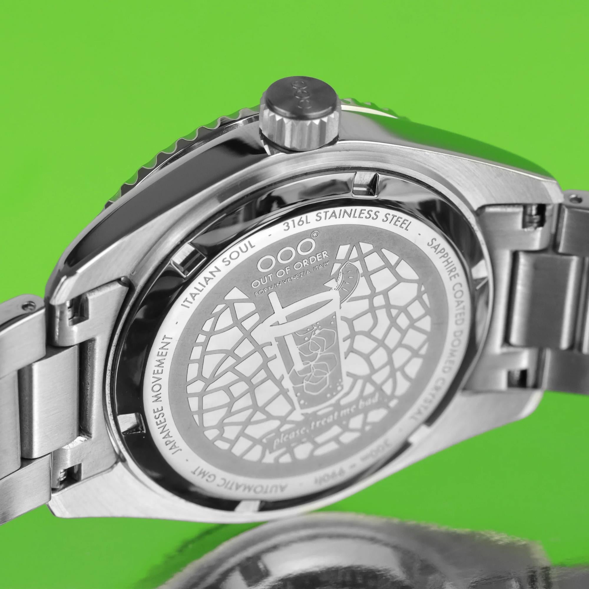 Out Of Order Midori Shaker Automatic GMT Ultra-Brushed Green Dial Steel Strap Men's Watch OOO.001-25.MI.BAND.SS