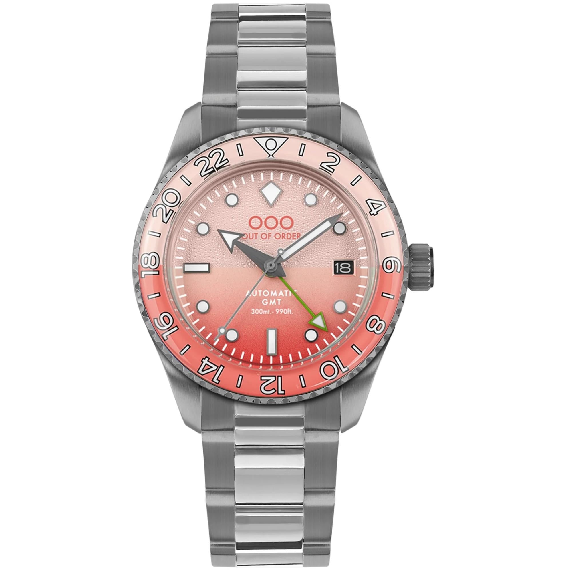 Out Of Order Paloma Shaker Automatic GMT Ultra Brushed Pink Dial Steel Strap Men's Watch OOO.001-25.PA.BAND.SS