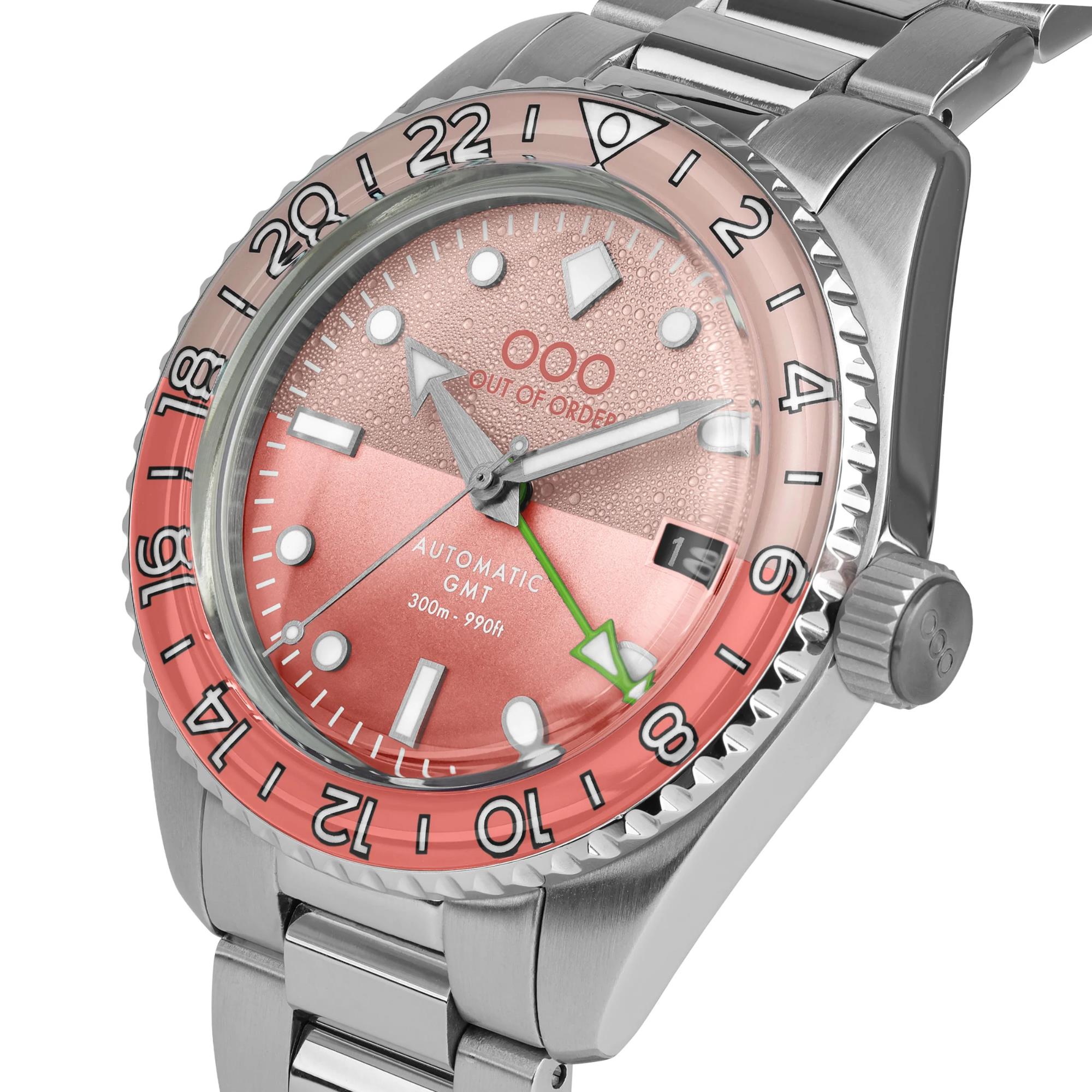Out Of Order Paloma Shaker Automatic GMT Ultra Brushed Pink Dial Steel Strap Men's Watch OOO.001-25.PA.BAND.SS