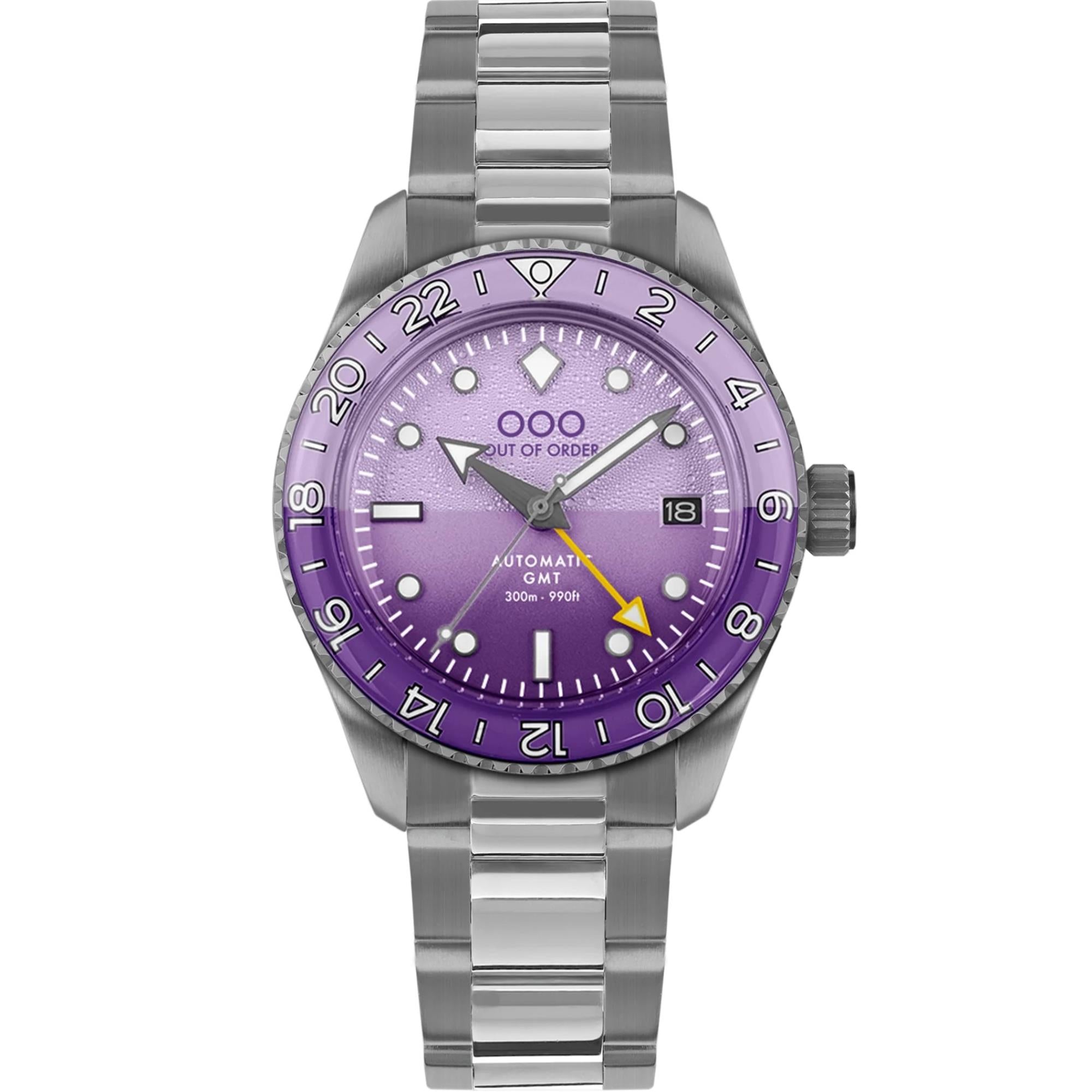 Out Of Order Shaker Automatic GMT Ultra-Brushed Purple Dial Steel Strap Men's Watch OOO.001-25.LA.BAND.SS