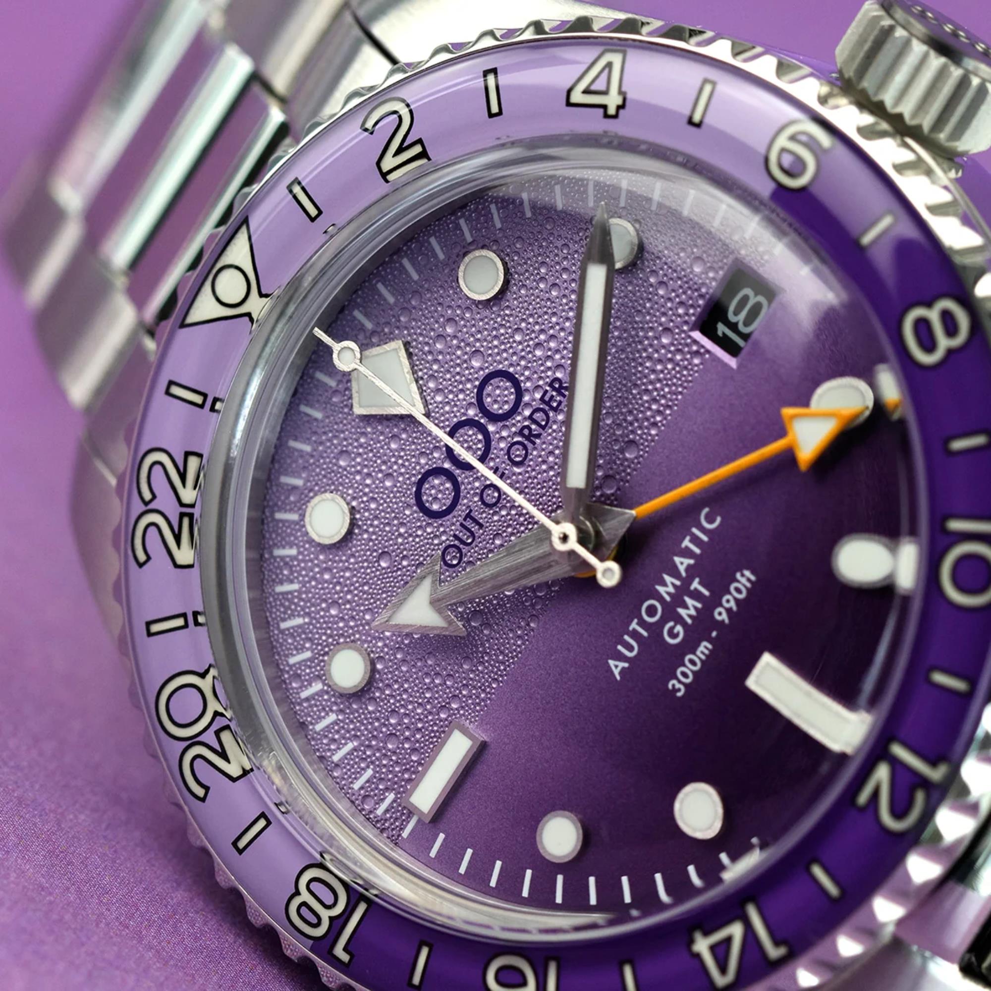 Out Of Order Shaker Automatic GMT Ultra-Brushed Purple Dial Steel Strap Men's Watch OOO.001-25.LA.BAND.SS