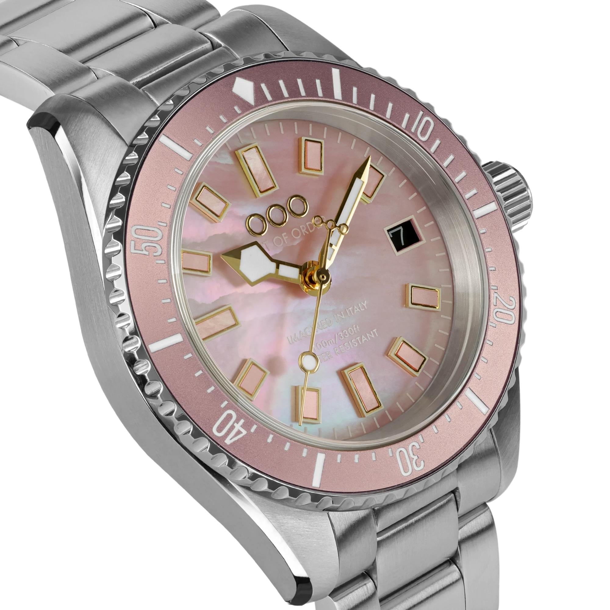 Out of Order Casanova 38 Mother of Pearl Quartz Pink Dial Steel Strap Unisex Watch OOO.001-38.RO