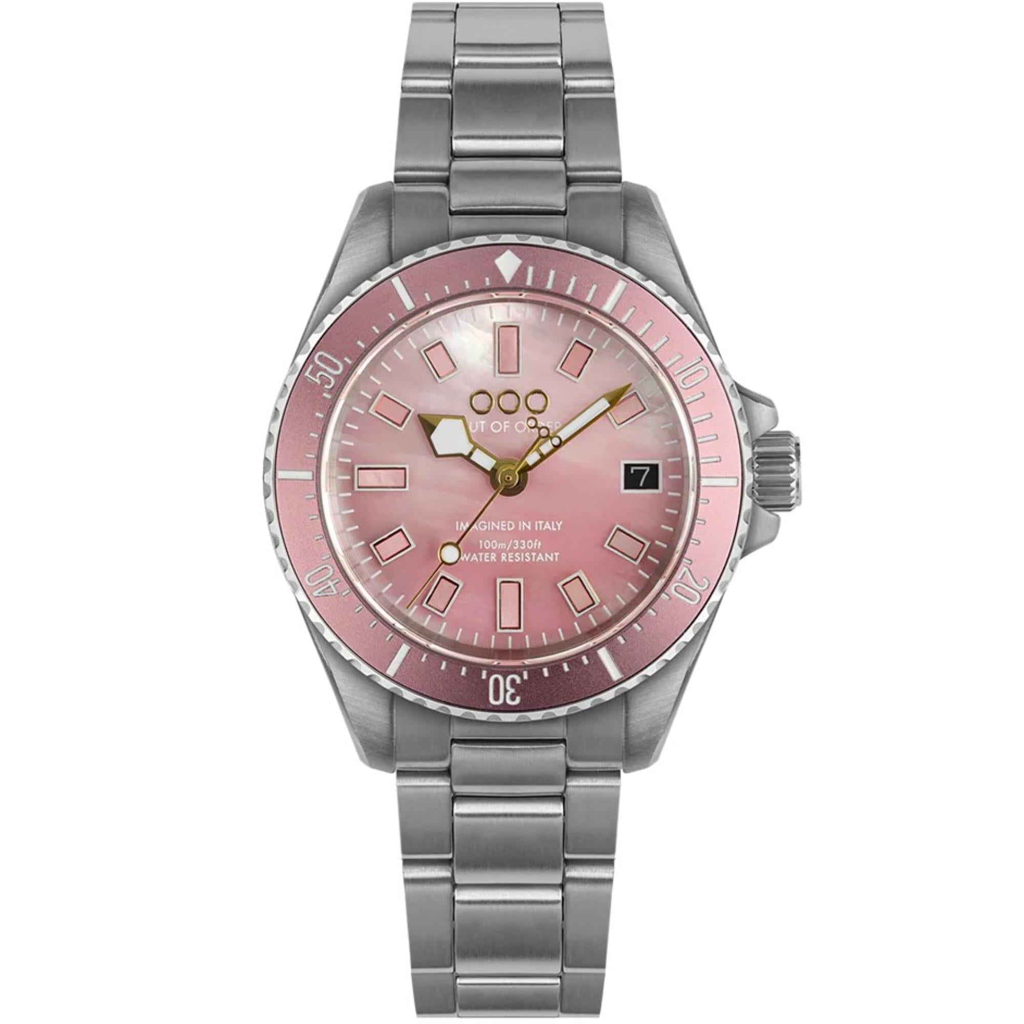 Out of Order Casanova 38 Mother of Pearl Quartz Pink Dial Steel Strap Unisex Watch OOO.001-38.RO