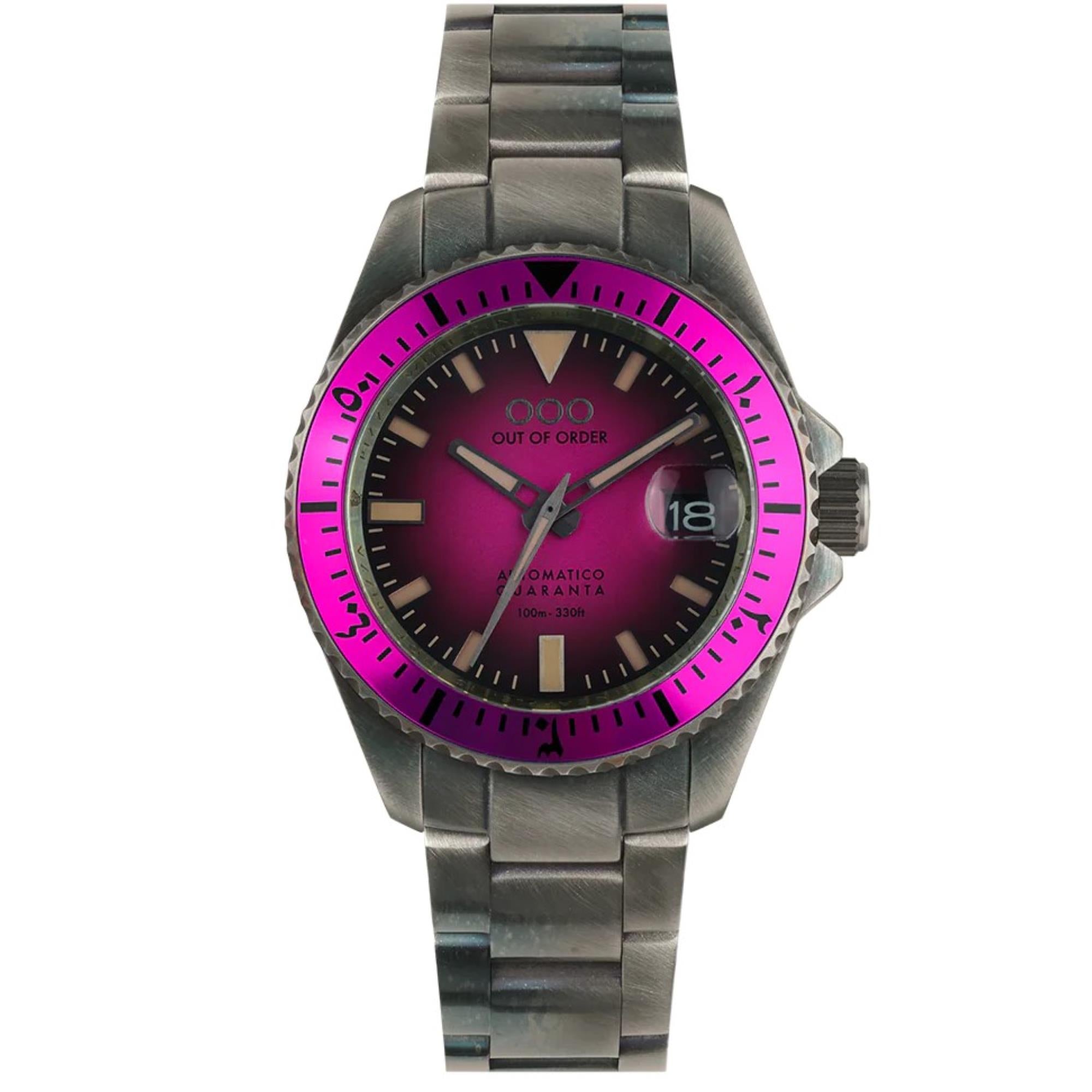 Out of Order Automatico Quaranta Ultra Distressed Automatic Magenta Dial Steel Strap Men's Watch OOO.001-21.FX