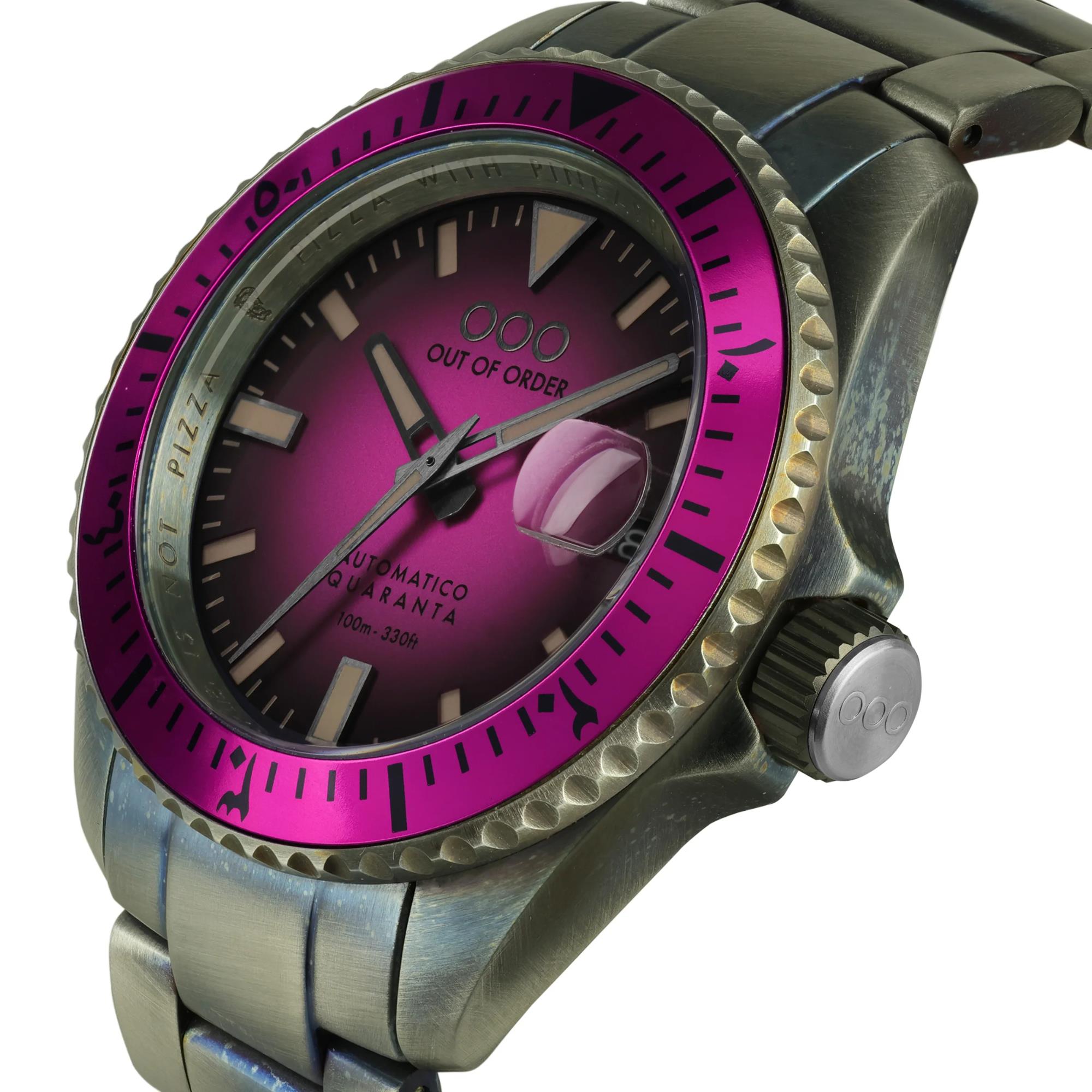 Out of Order Automatico Quaranta Ultra Distressed Automatic Magenta Dial Steel Strap Men's Watch OOO.001-21.FX