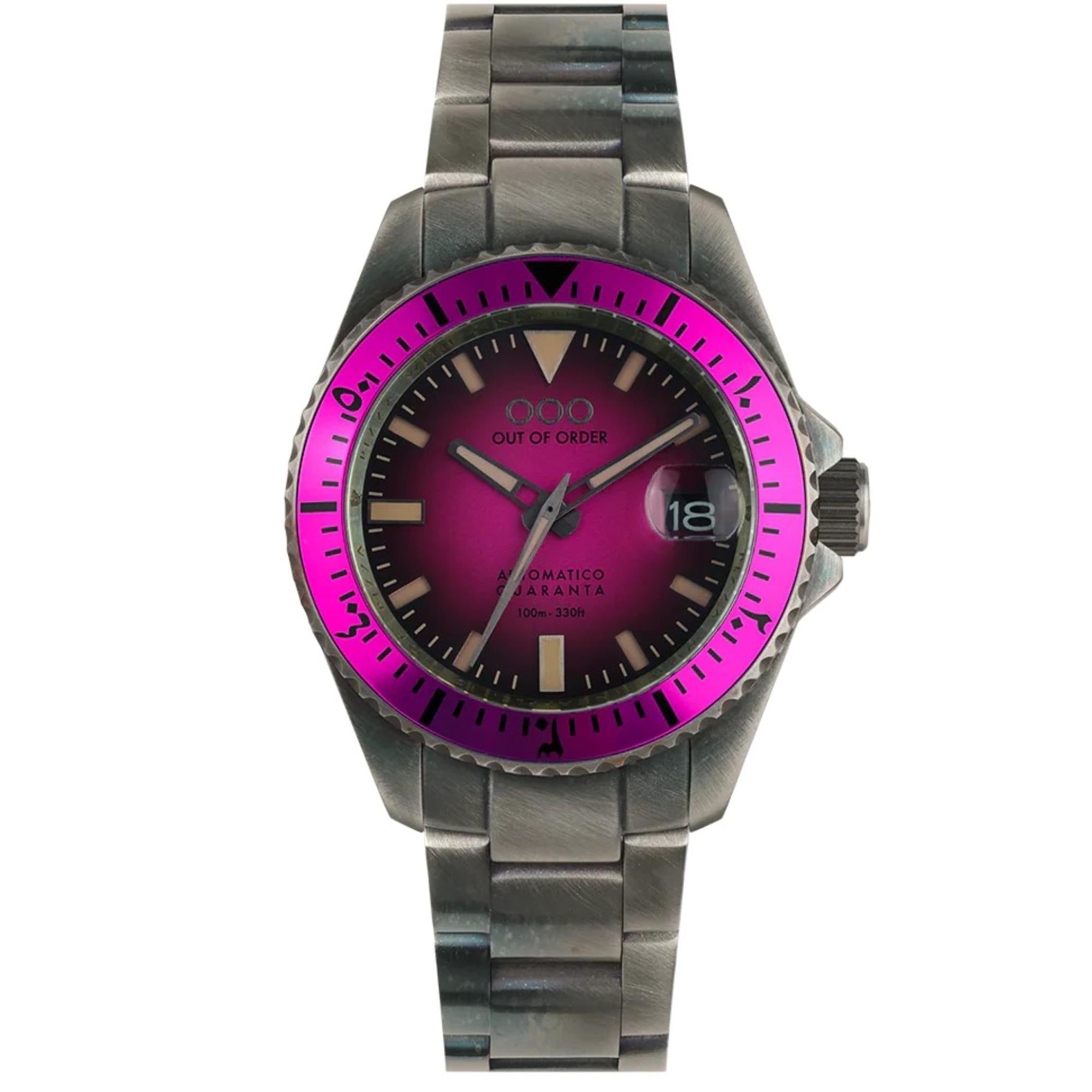 Out of Order Automatico Quaranta Ultra Distressed Automatic Magenta Dial Steel Strap Men's Watch OOO.001-21.FX