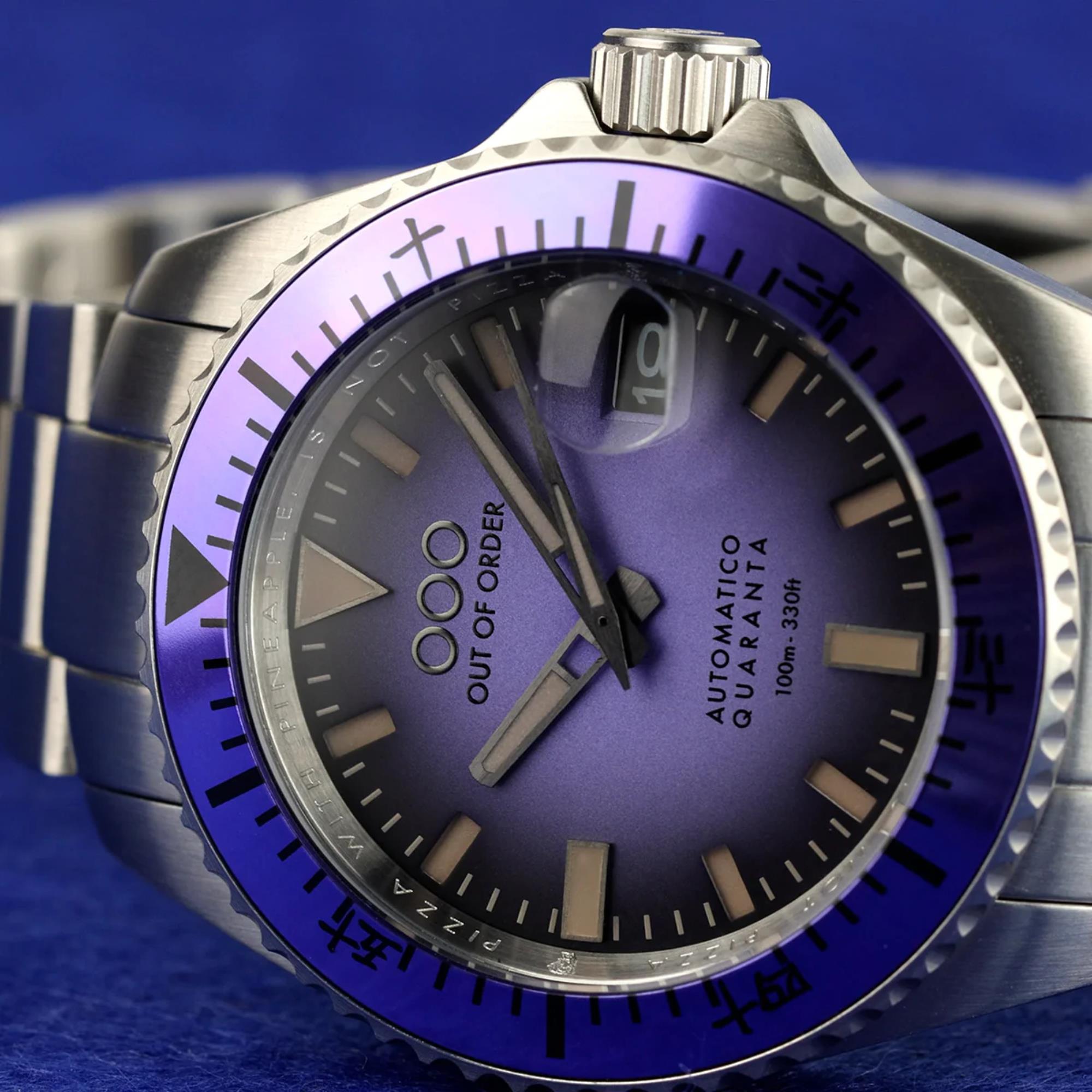 Out Of Order Indigo Automatico Quaranta Ultra Brushed Purple Dial Steel Strap Men's Watch OOO.001-21.LI.SS