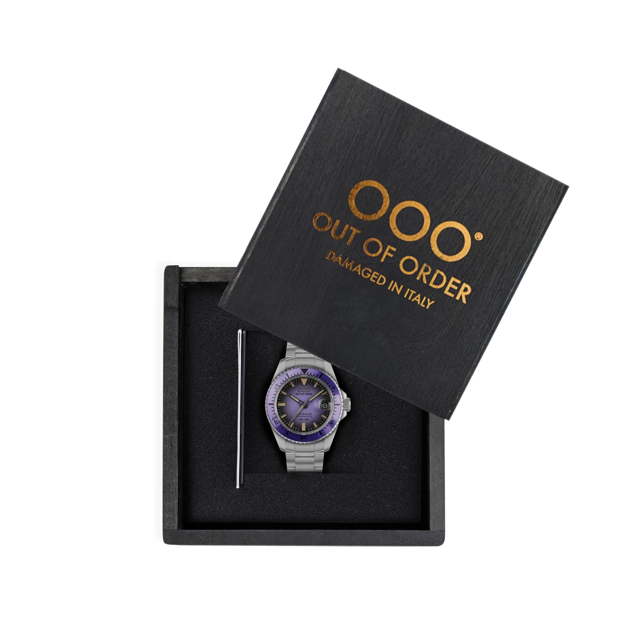 Out Of Order Indigo Automatico Quaranta Ultra Brushed Purple Dial Steel Strap Men's Watch OOO.001-21.LI.SS