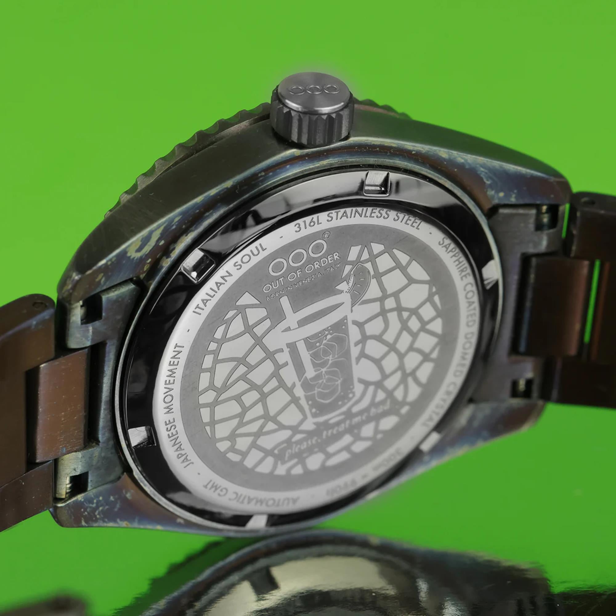Out Of Order Midori Shaker Automatic GMT Ultra Distressed Green Dial Steel Strap Men's Watch OOO.001-25.MI.BAND