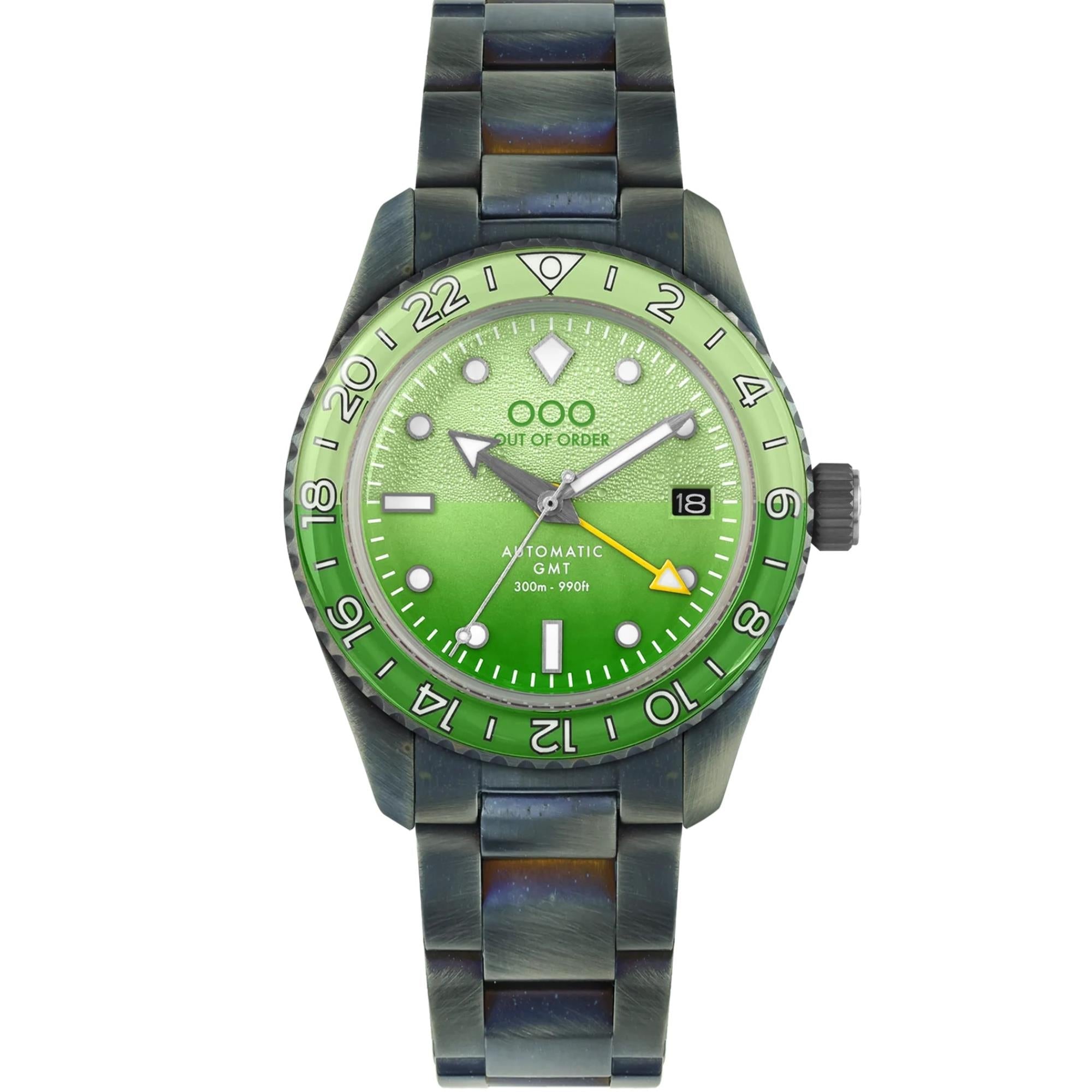 Out Of Order Midori Shaker Automatic GMT Ultra Distressed Green Dial Steel Strap Men's Watch OOO.001-25.MI.BAND