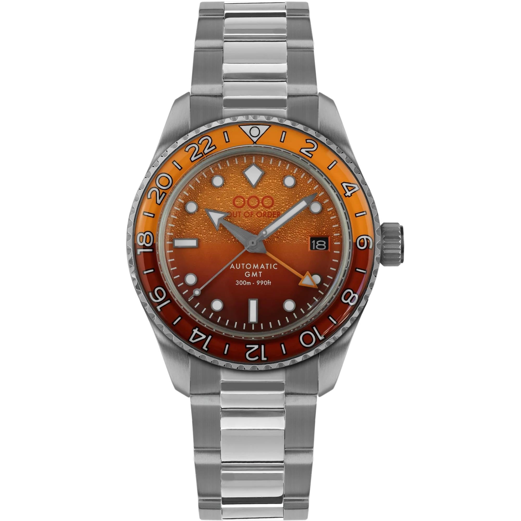 Out Of Order Negroni Shaker Automatic GMT Ultra-Brushed Orange Dial Steel Strap Unisex Watch OOO.001-25.NE.BAND.SS