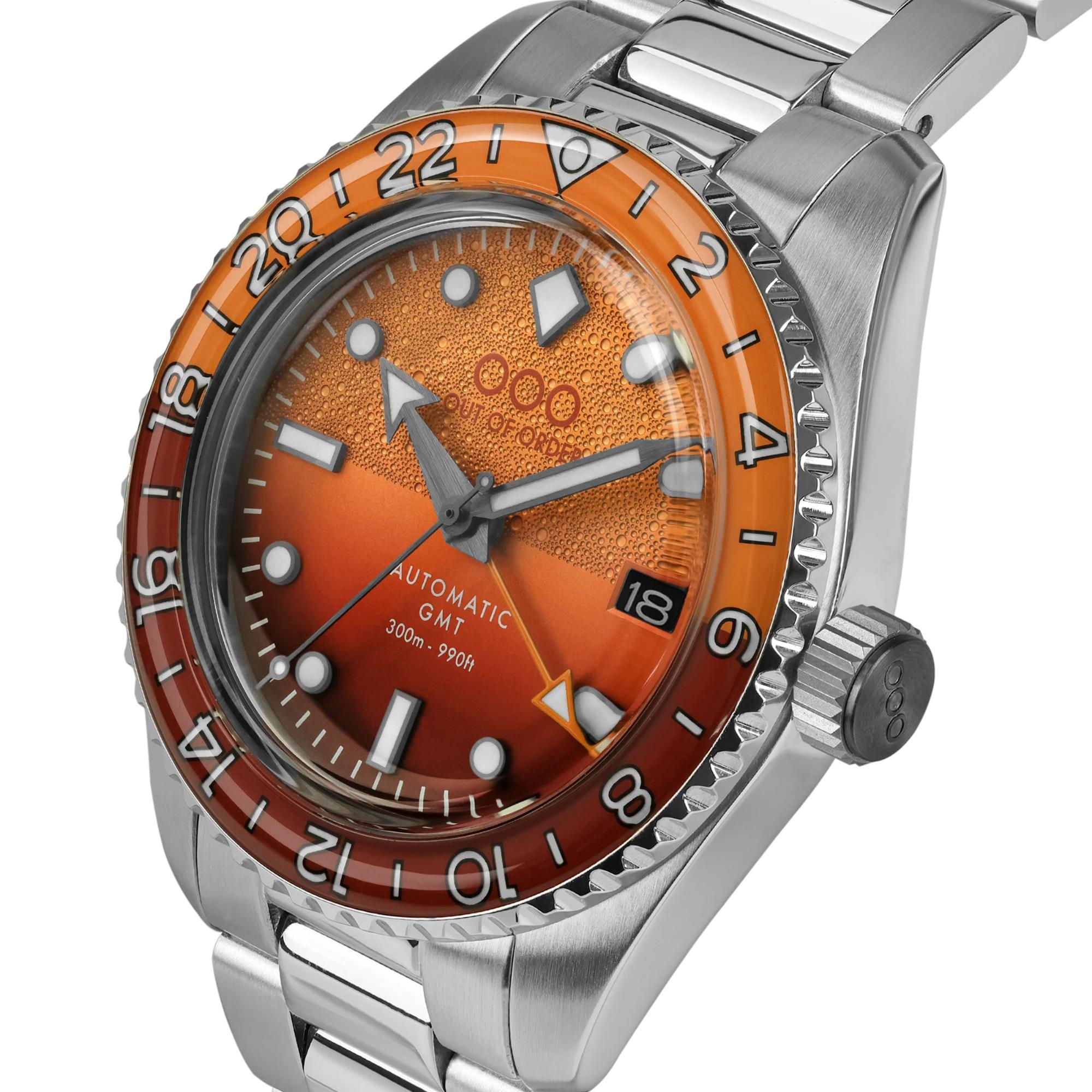Out Of Order Negroni Shaker Automatic GMT Ultra-Brushed Orange Dial Steel Strap Unisex Watch OOO.001-25.NE.BAND.SS
