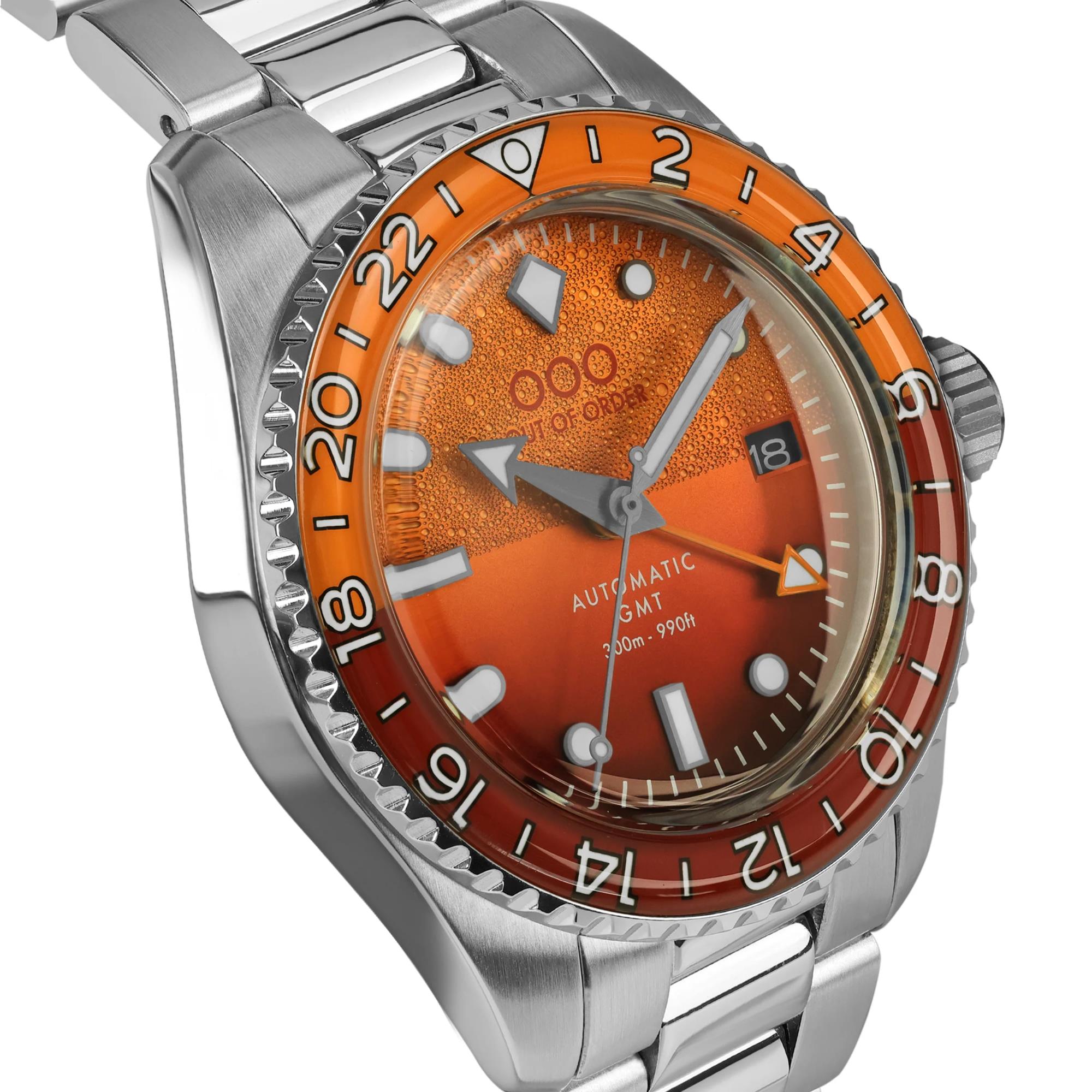 Out Of Order Negroni Shaker Automatic GMT Ultra-Brushed Orange Dial Steel Strap Unisex Watch OOO.001-25.NE.BAND.SS