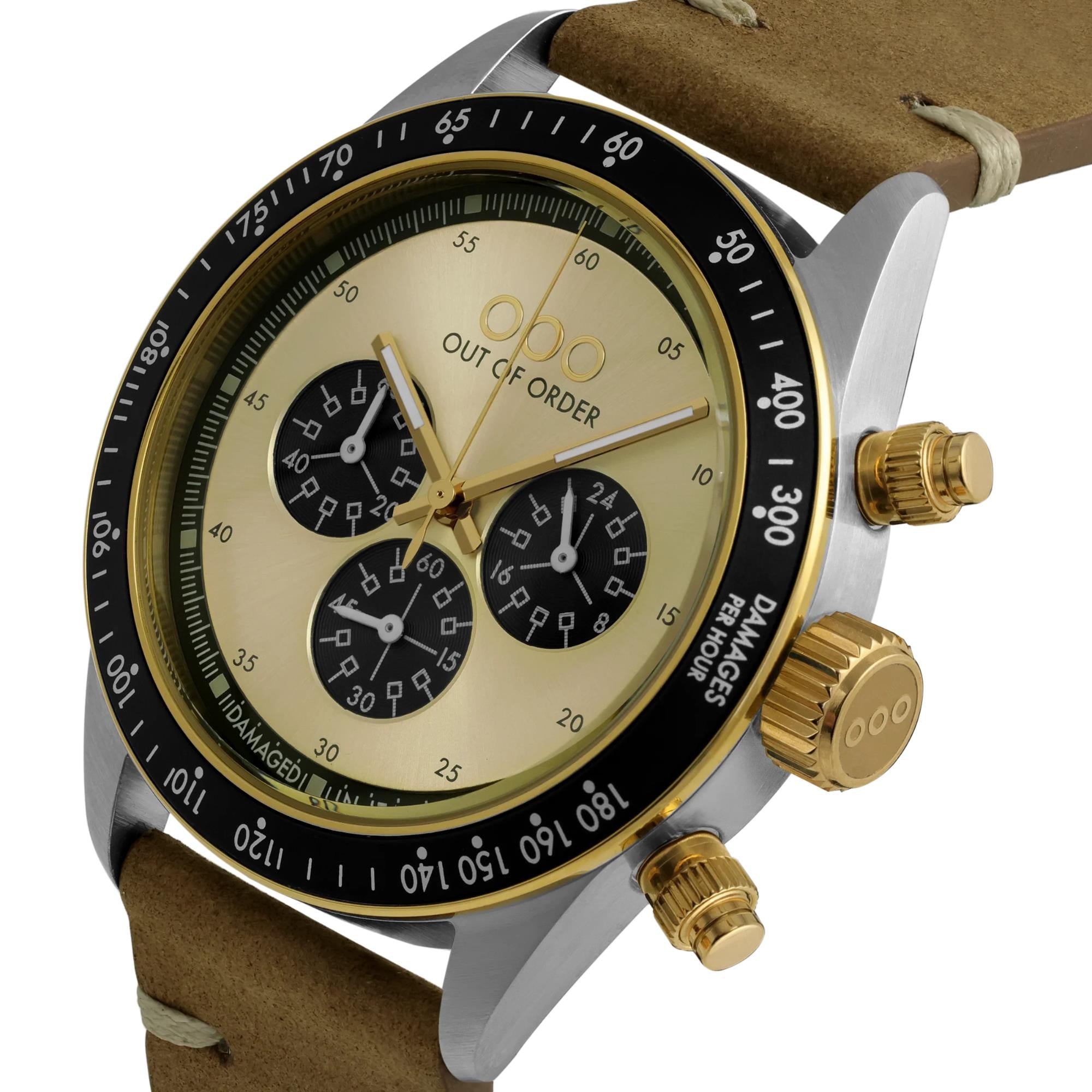 Out Of Order Supervintage Chrono Quartz Gold Dial Leather Strap Men's Watch OOO.001-30.GL.AC
