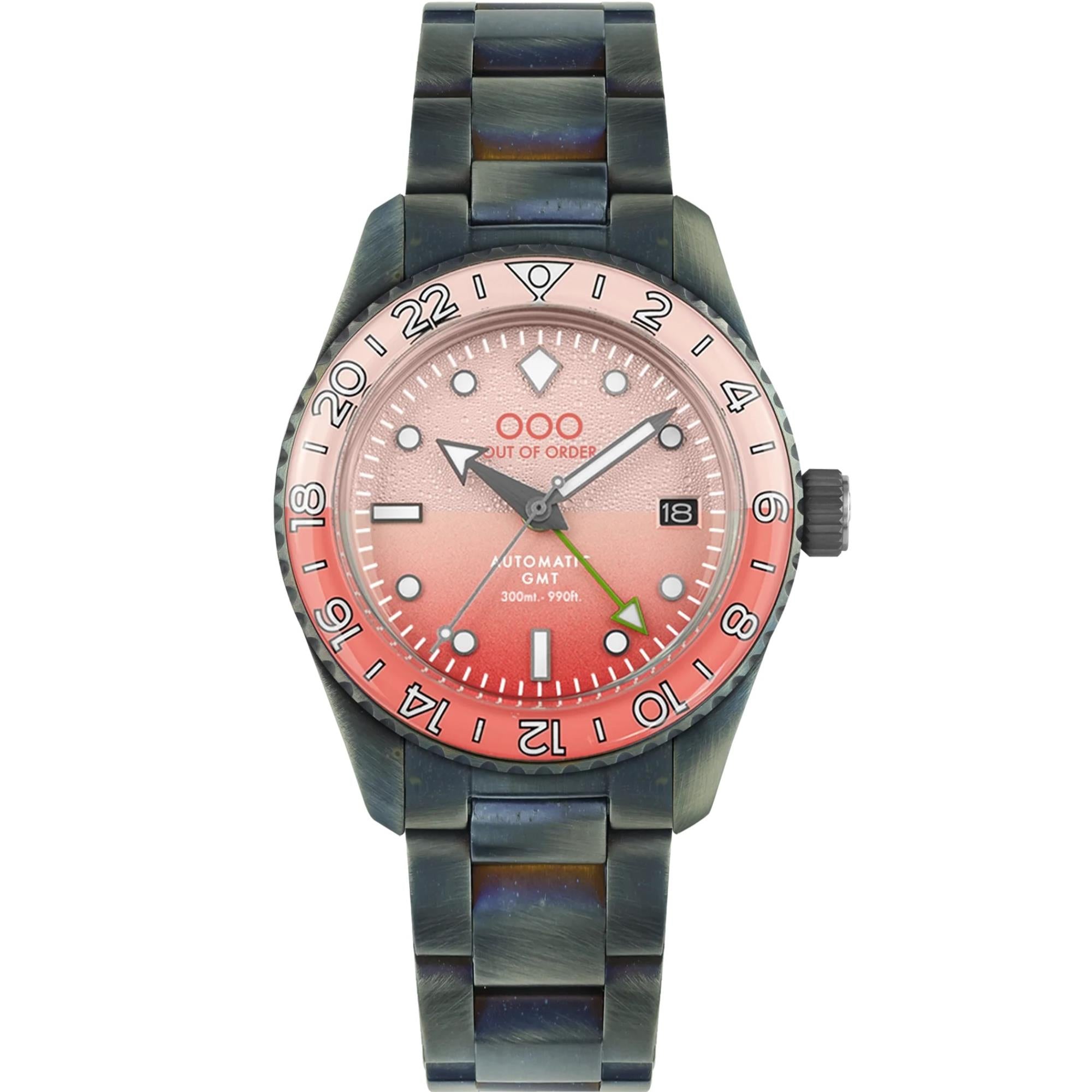 Out Of Order Paloma Shaker Automatic GMT Ultra Distressed Pink Dial Steel Strap Men's Watch OOO.001-25.PA.BAND
