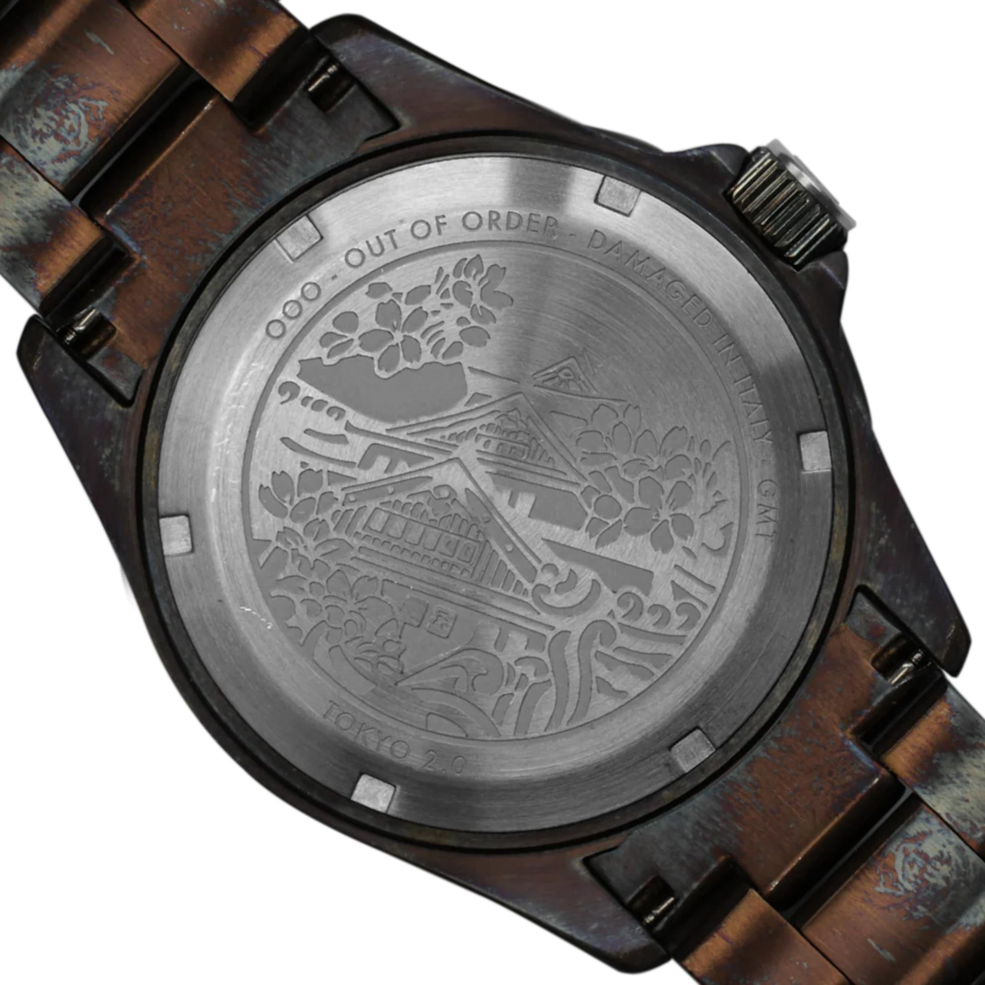 Out of Order GMT Tokyo Shibuya Swiss Made Ultra Distressed Dark Grey Dial Steel Strap Men's Watch OOO.001-19.TS