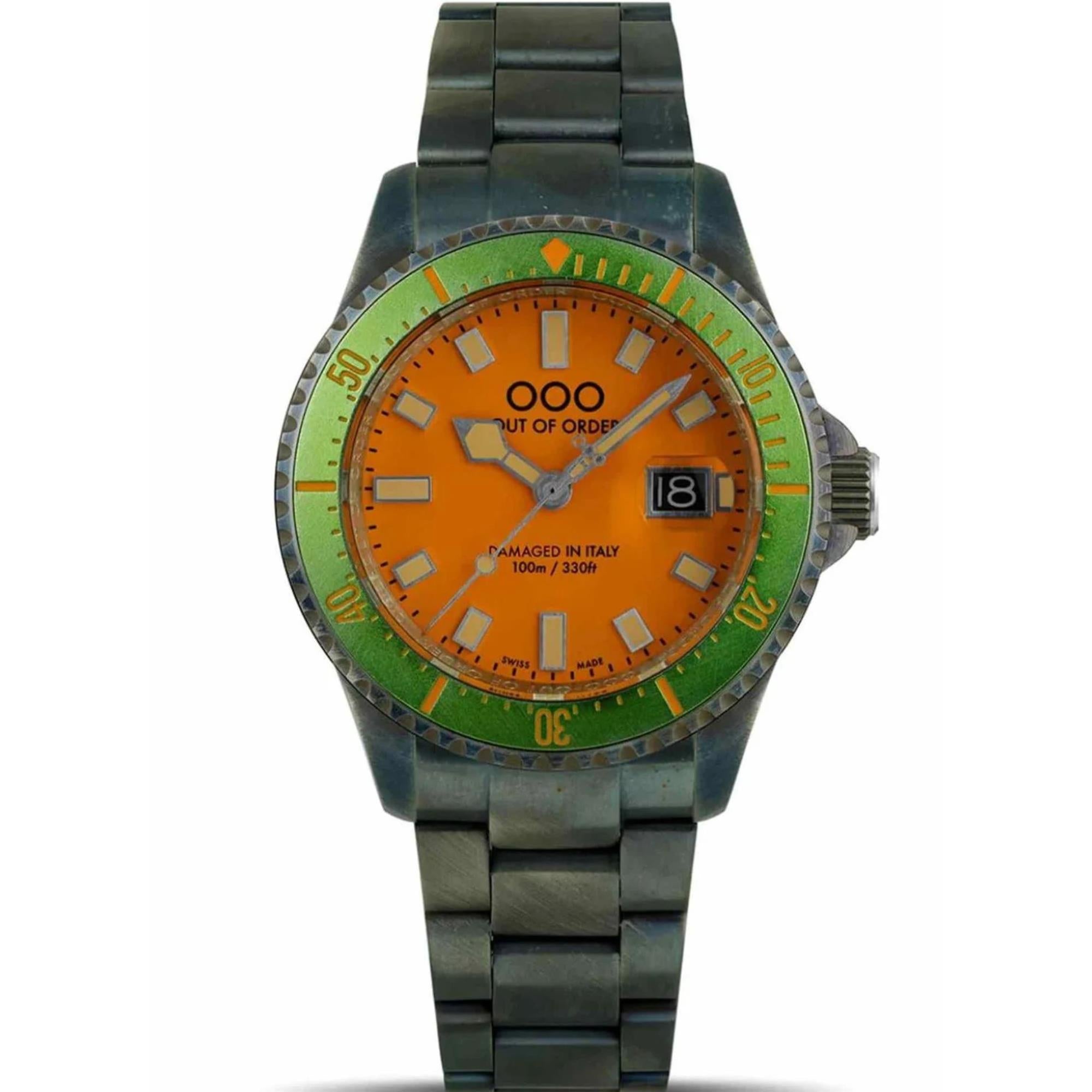 Out of Order Casanova Ultra Distressed Quartz Orange Dial Steel Strap Men's Watch OOO.001-18.MEL