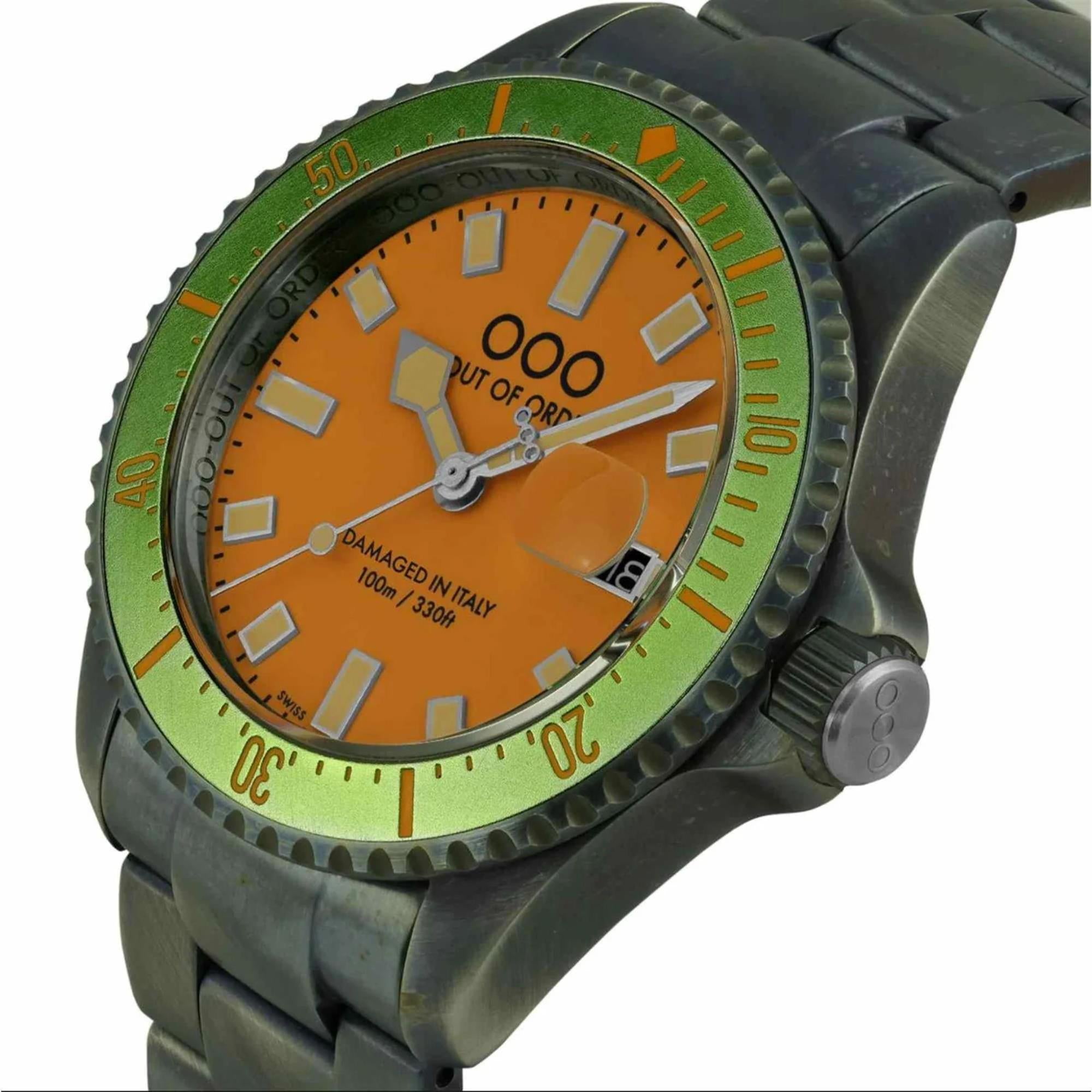 Out of Order Casanova Ultra Distressed Quartz Orange Dial Steel Strap Men's Watch OOO.001-18.MEL
