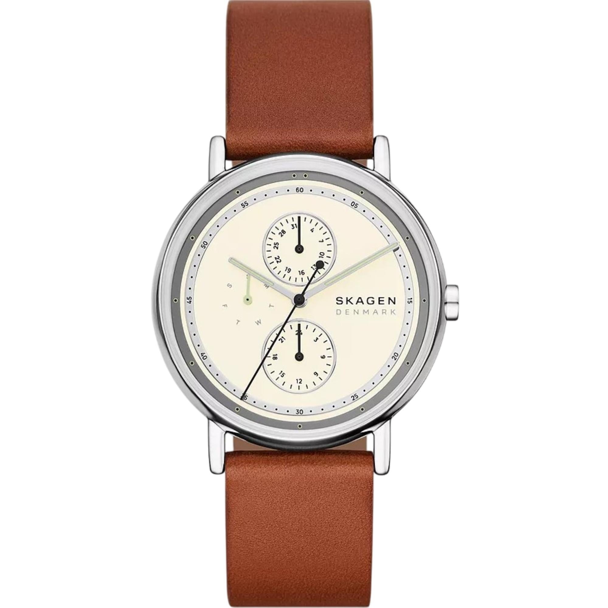 Skagen Signatur Multifunction Cream Dial Leather Strap Men's Watch SKW6942