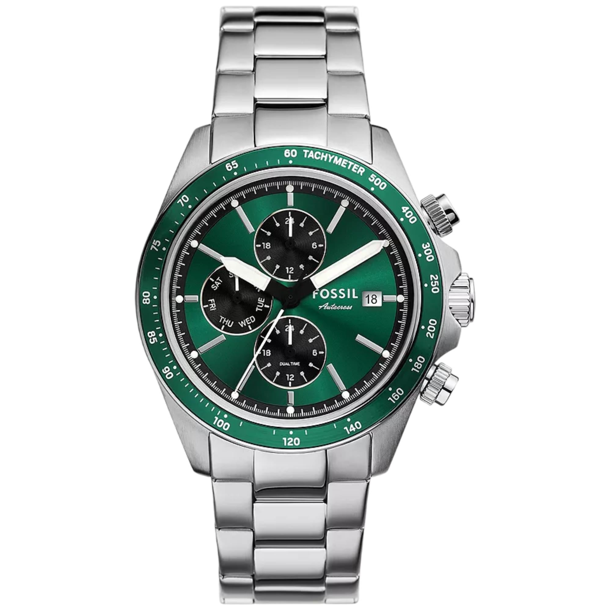 Fossil Autocross Quartz Chronograph Green Dial Steel Strap Men's Watch FS6127