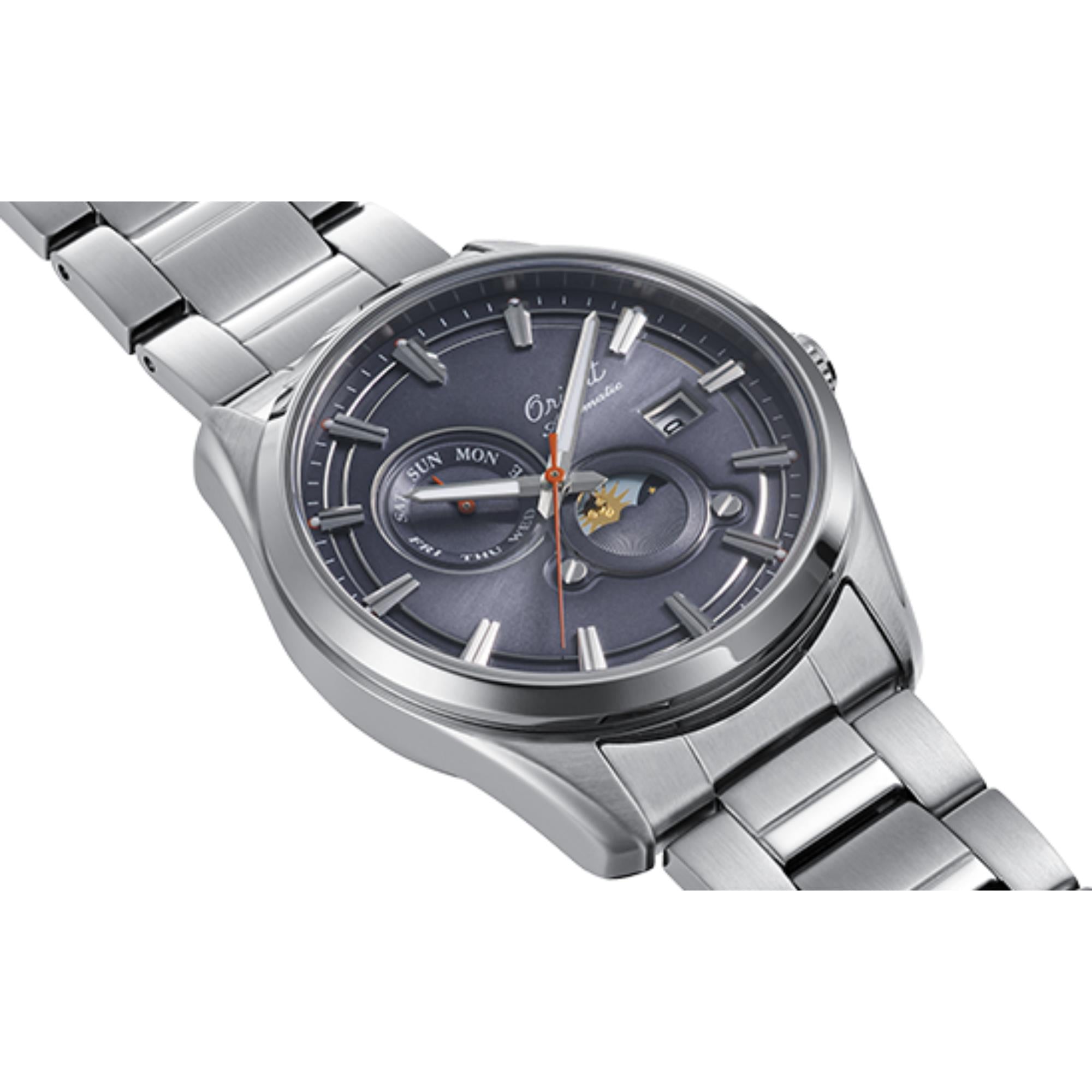 Orient Contemporary Stretto Sun and Moon 75th Anniversary Limited Edition Grey Dial Steel Strap Men's Watch RA-AK0311N30B