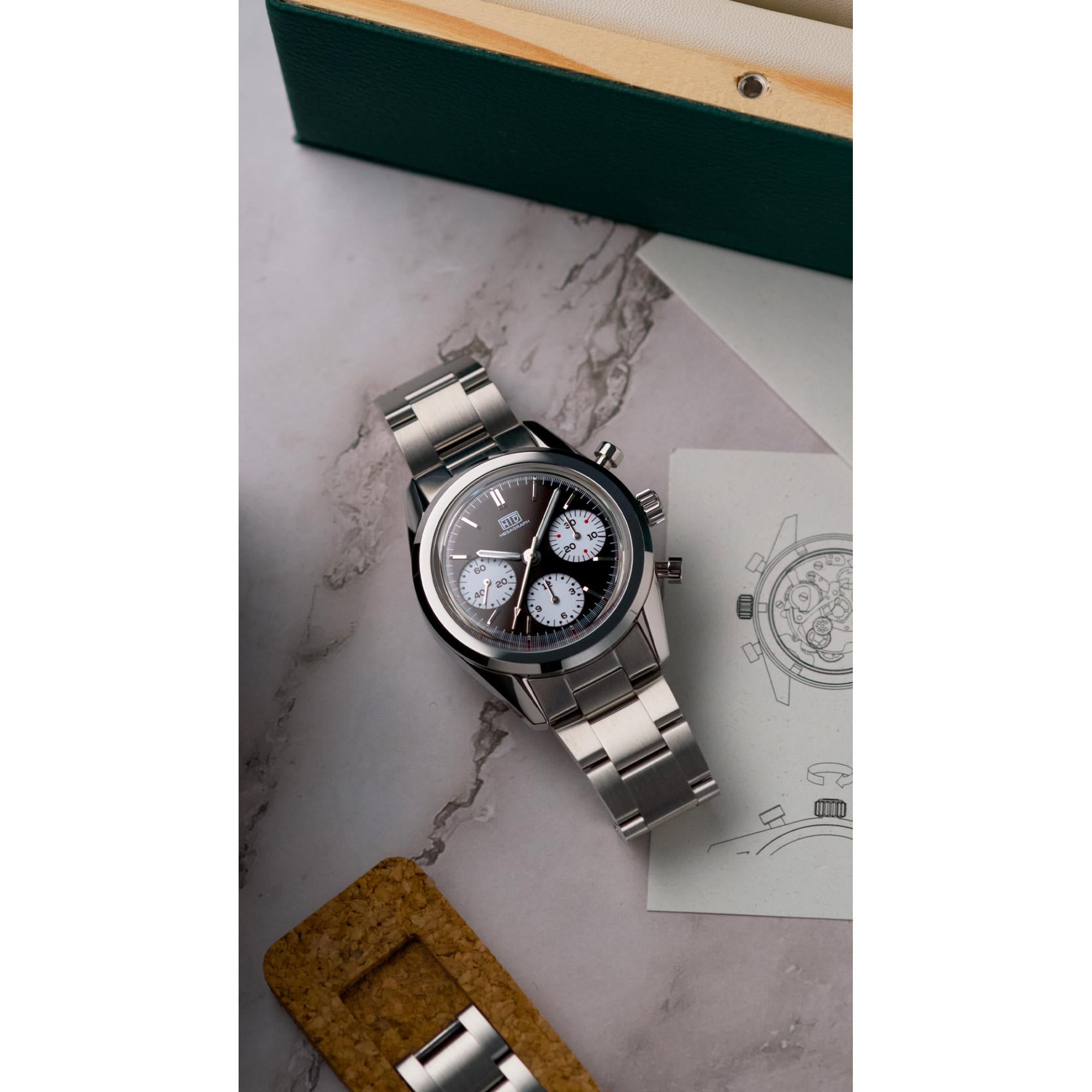 HTD Hesagraph Variante B Chronograph Dark Brown Dial Steel Strap Men's Watch H25F33B