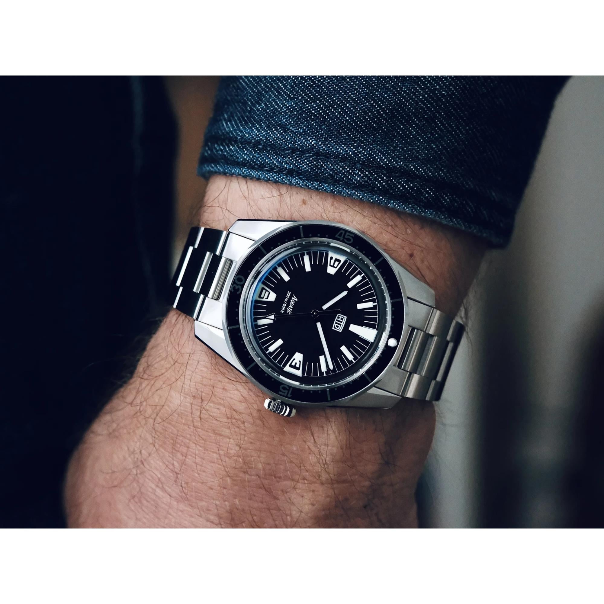 HTD Aquatic Spaceboy Automatic Black Dial Steel Strap Men's Watch A25F09S