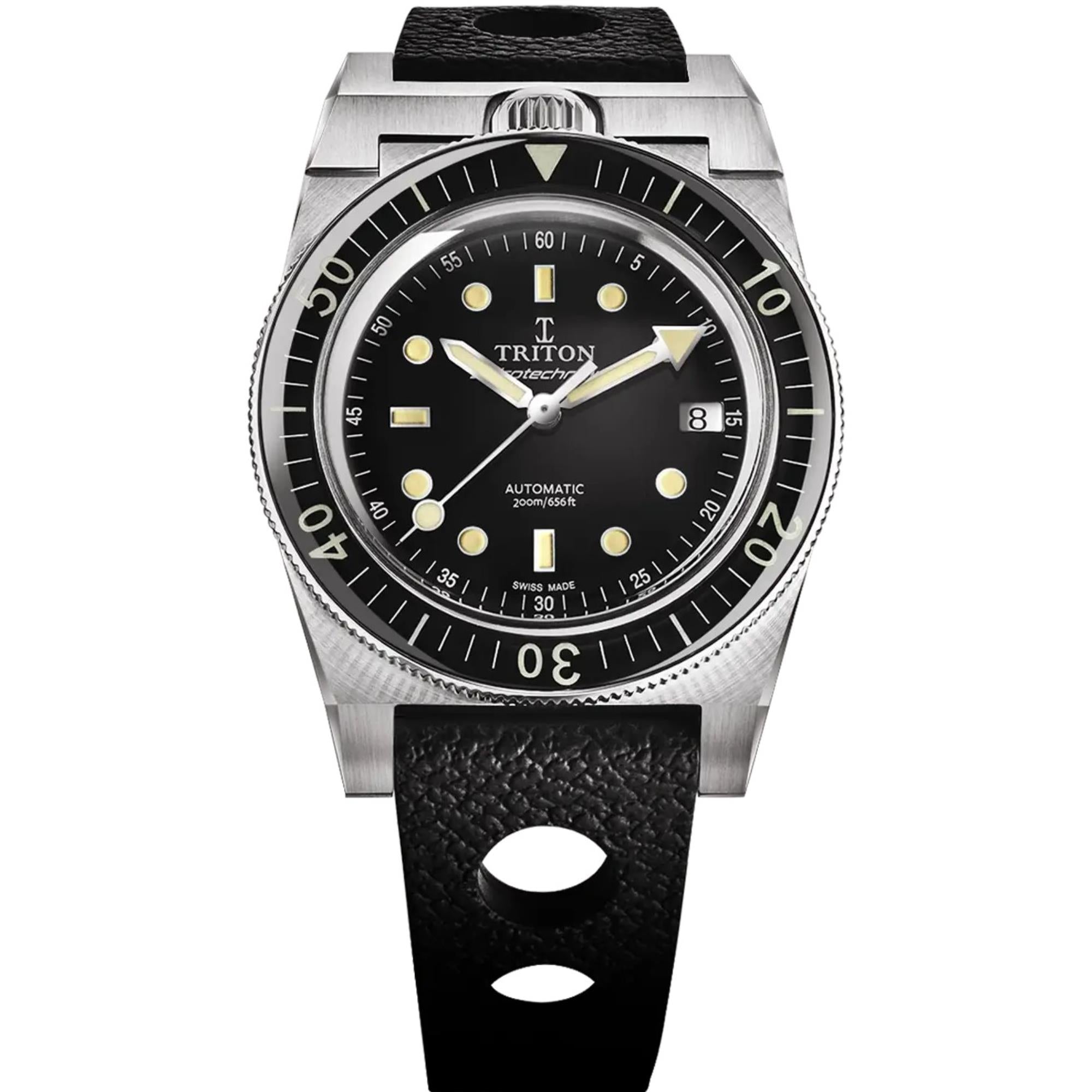 Triton Spirotechnique Sport Black Dial Automatic Rubber Strap Men's Dive Watch